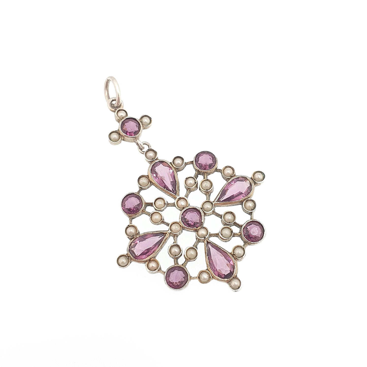 Antique Solid Silver Amethyst Paste Pendant Victorian Simulated Seed Pearl Necklace Large Big Cluster Flower Vintage Jewellery Jewelry
