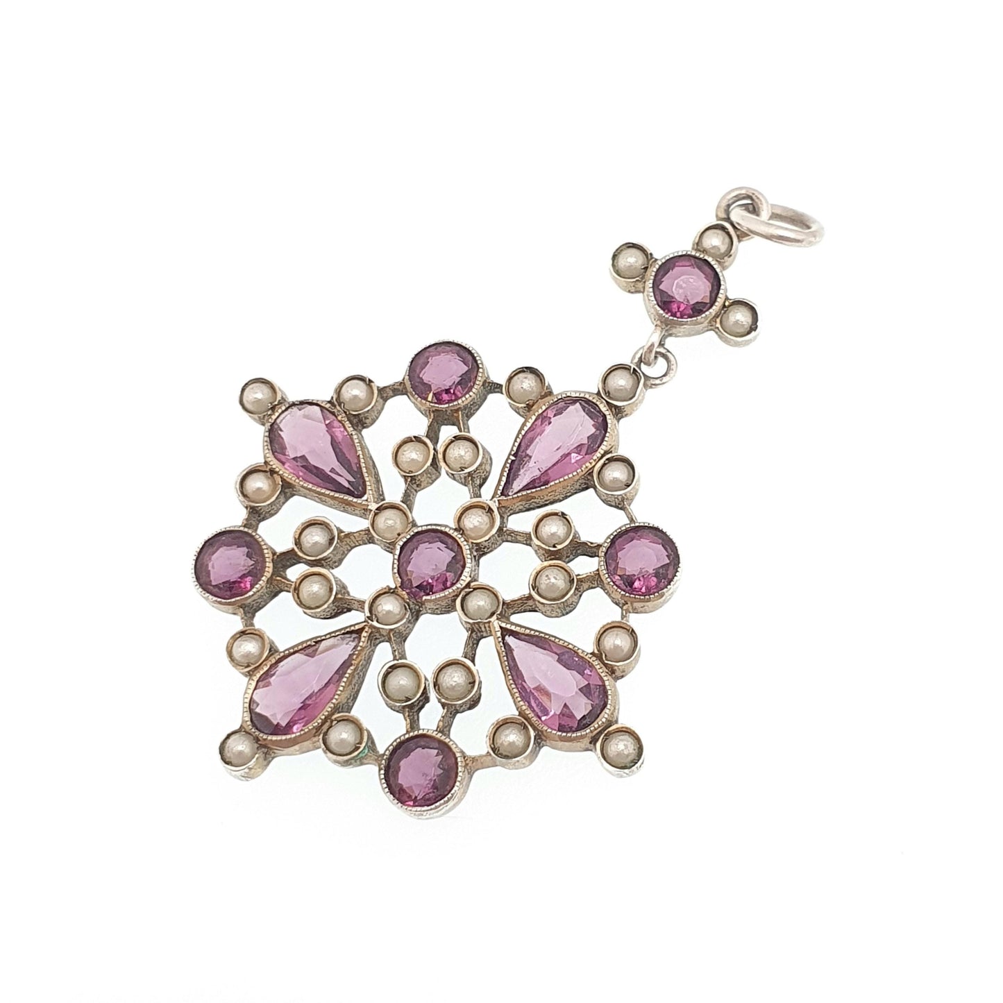 Antique Solid Silver Amethyst Paste Pendant Victorian Simulated Seed Pearl Necklace Large Big Cluster Flower Vintage Jewellery Jewelry