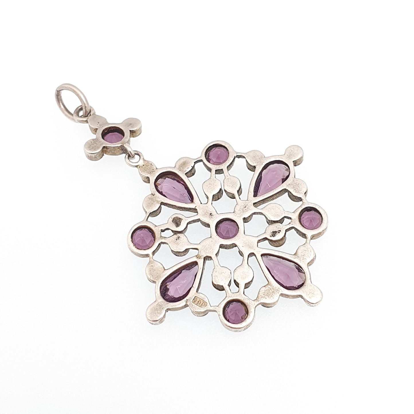 Antique Solid Silver Amethyst Paste Pendant Victorian Simulated Seed Pearl Necklace Large Big Cluster Flower Vintage Jewellery Jewelry