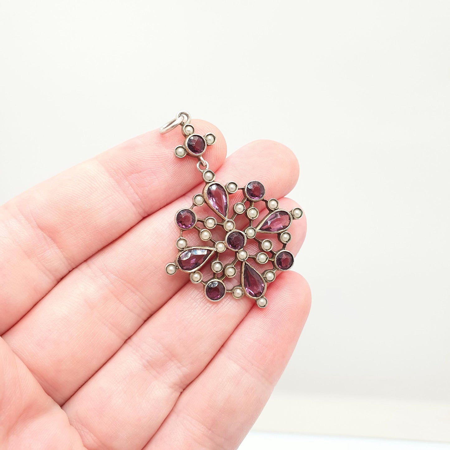 Antique Solid Silver Amethyst Paste Pendant Victorian Simulated Seed Pearl Necklace Large Big Cluster Flower Vintage Jewellery Jewelry