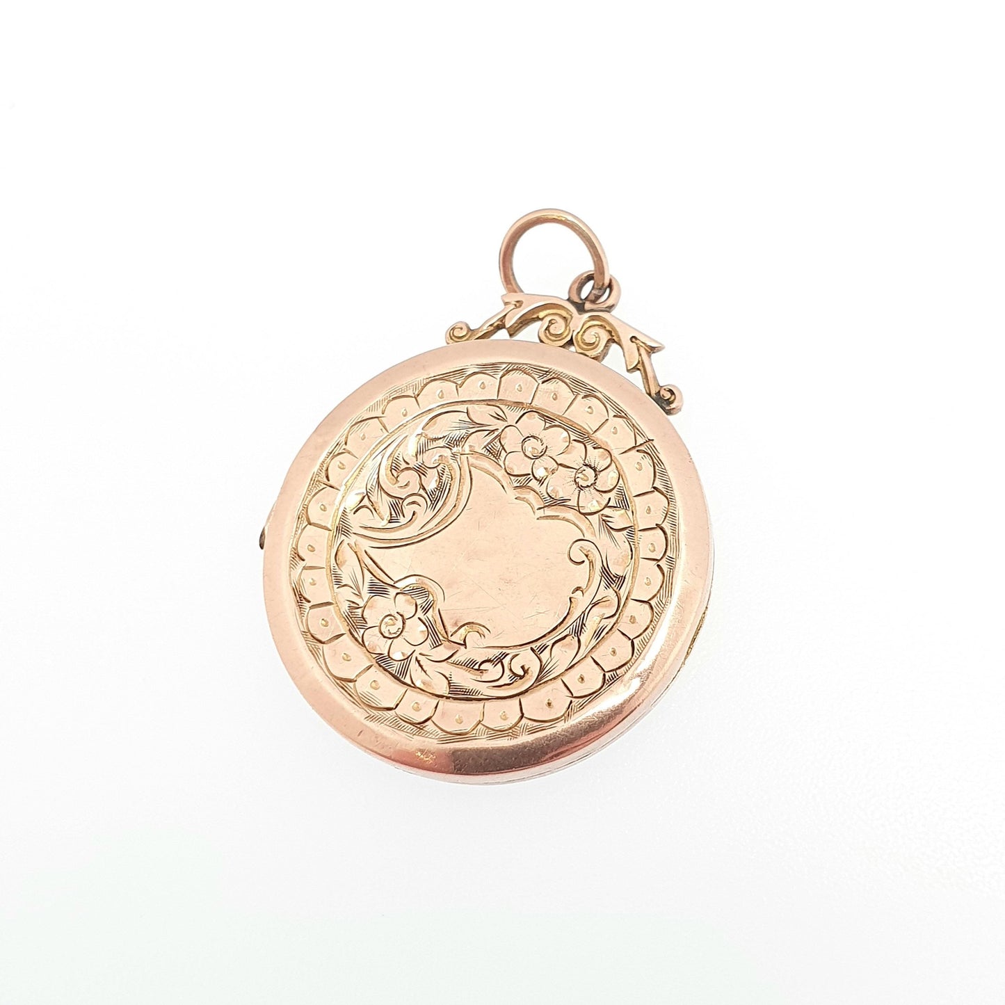 Antique 9ct Rose Gold Locket Round Circle Solid 9k 375 Shield Engraved Big Pendant Love Gift Back & Front Necklace Jewelry Womens Jewellery