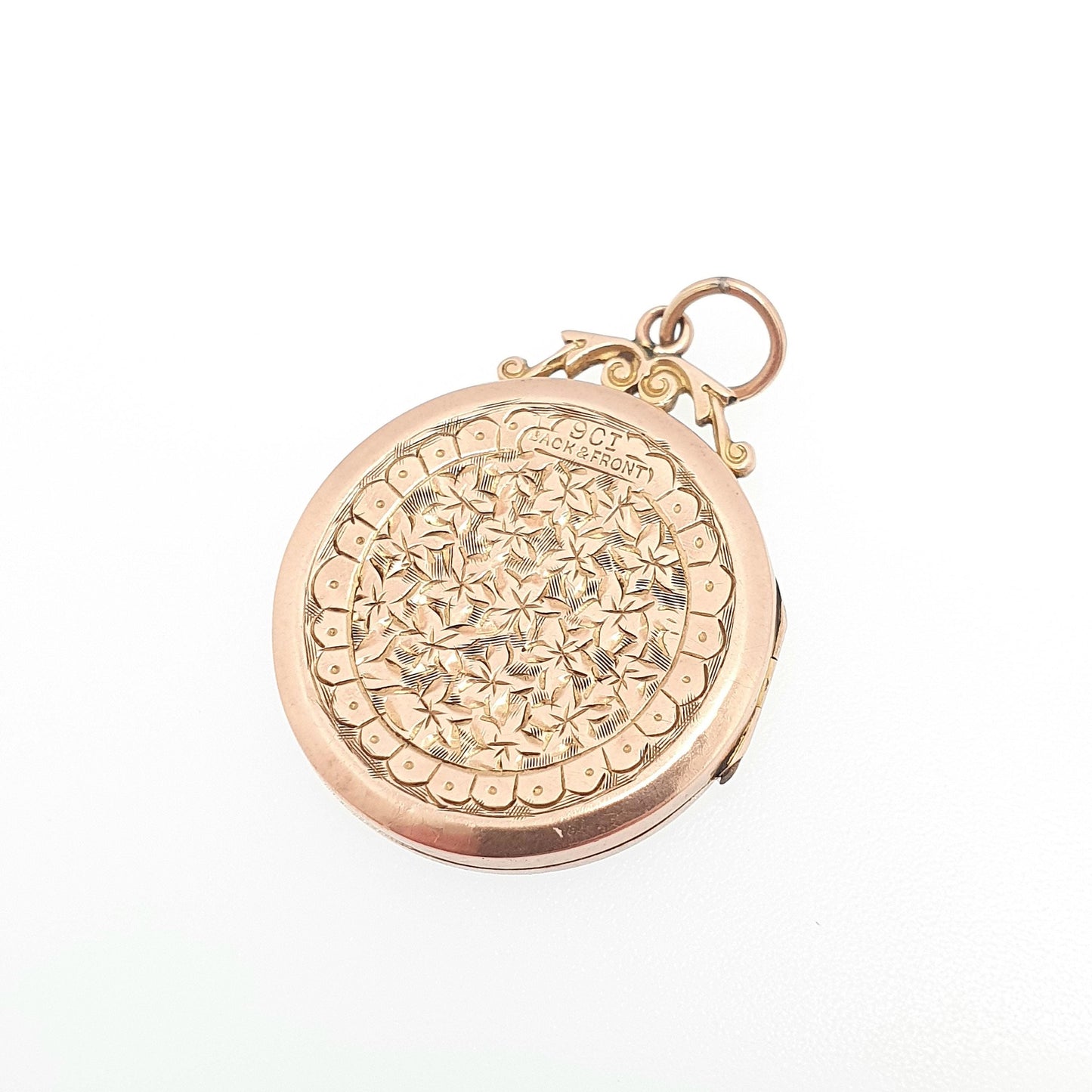 Antique 9ct Rose Gold Locket Round Circle Solid 9k 375 Shield Engraved Big Pendant Love Gift Back & Front Necklace Jewelry Womens Jewellery