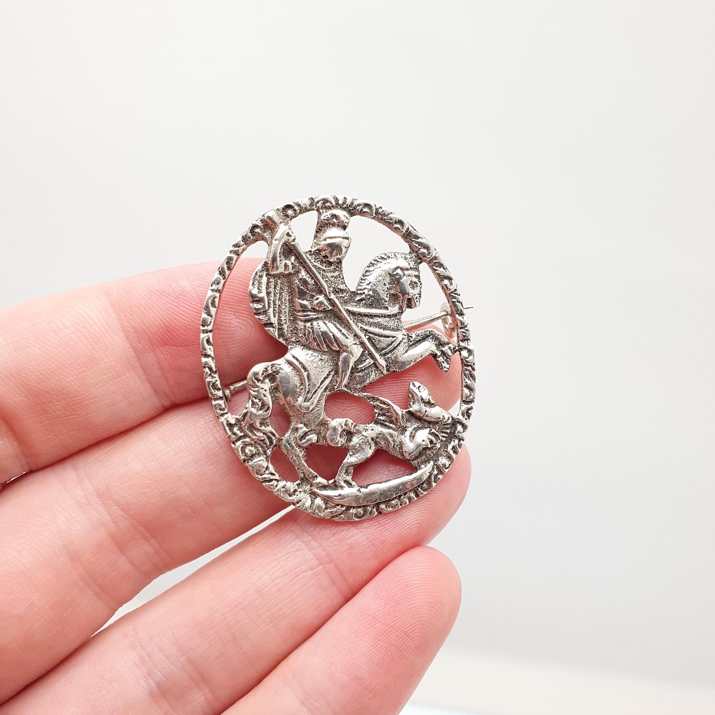 Antique George & Dragon Solid Silver Brooch Early Victorian Possibly Georgian St George Horse Knight Rare Unique Jewelry Womens Jewellery