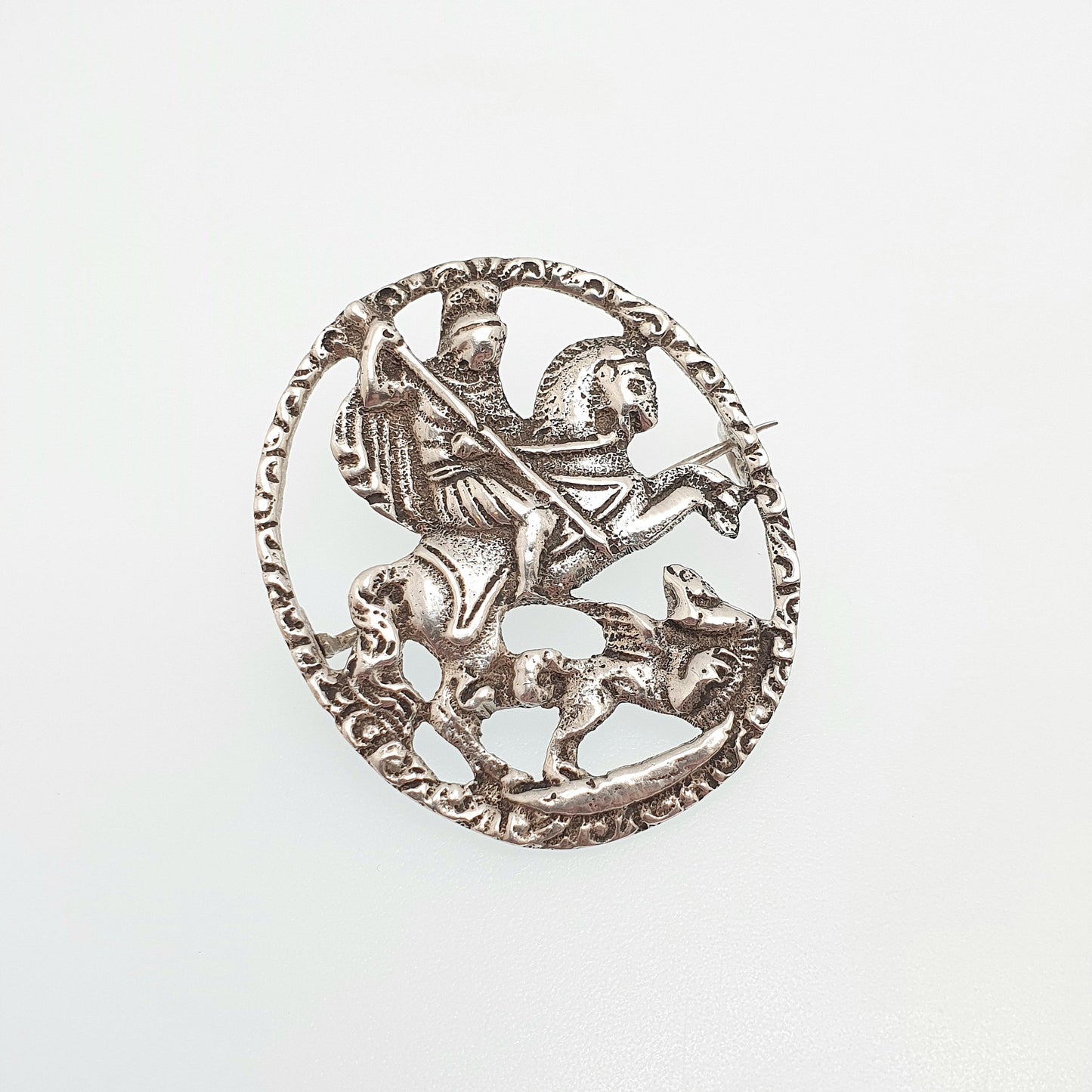 Antique George & Dragon Solid Silver Brooch Early Victorian Possibly Georgian St George Horse Knight Rare Unique Jewelry Womens Jewellery