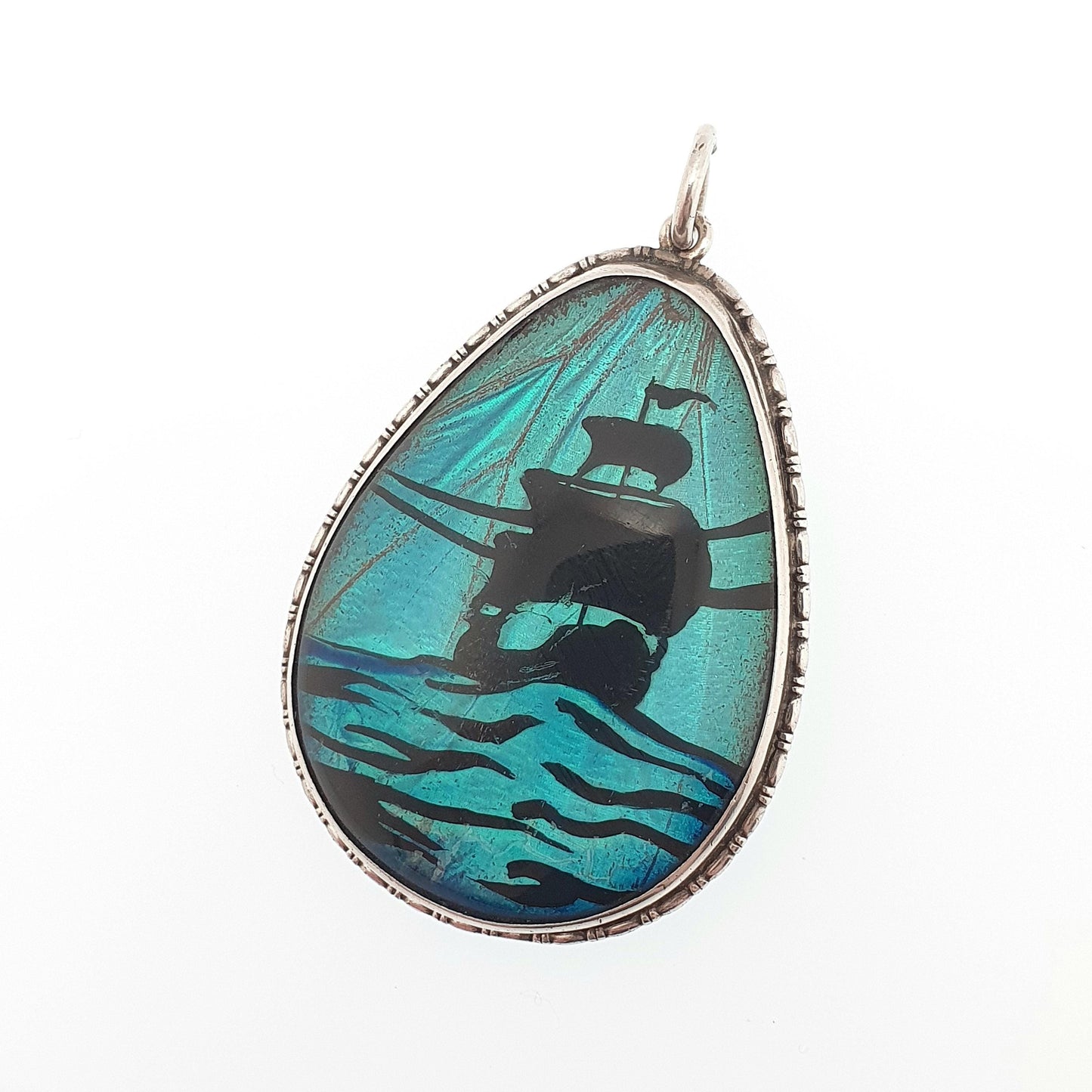 Antique Butterfly Wing Sterling Silver Necklace Pendant Galleon Ship Sailing Sea Art Deco Vintage 1920s Blue Bug Insect Jewelry Jewellery