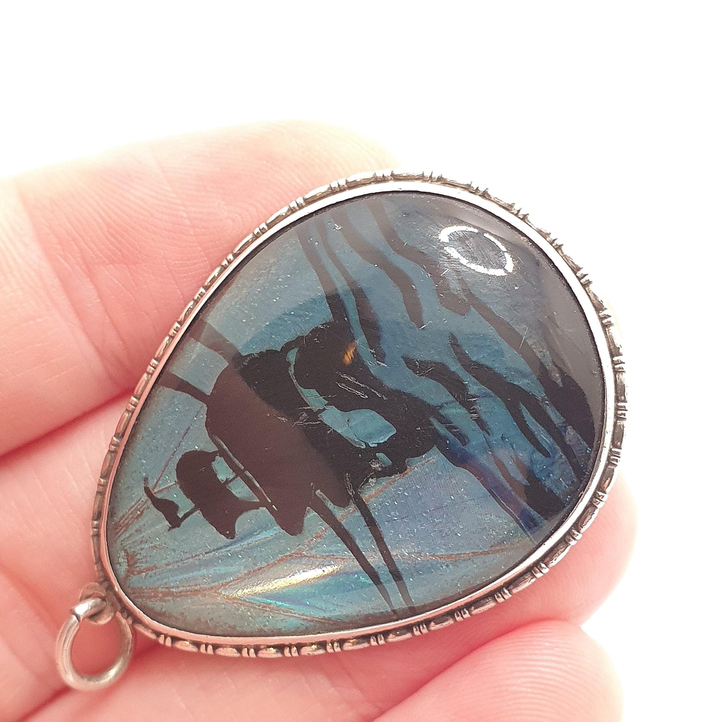 Antique Butterfly Wing Sterling Silver Necklace Pendant Galleon Ship Sailing Sea Art Deco Vintage 1920s Blue Bug Insect Jewelry Jewellery