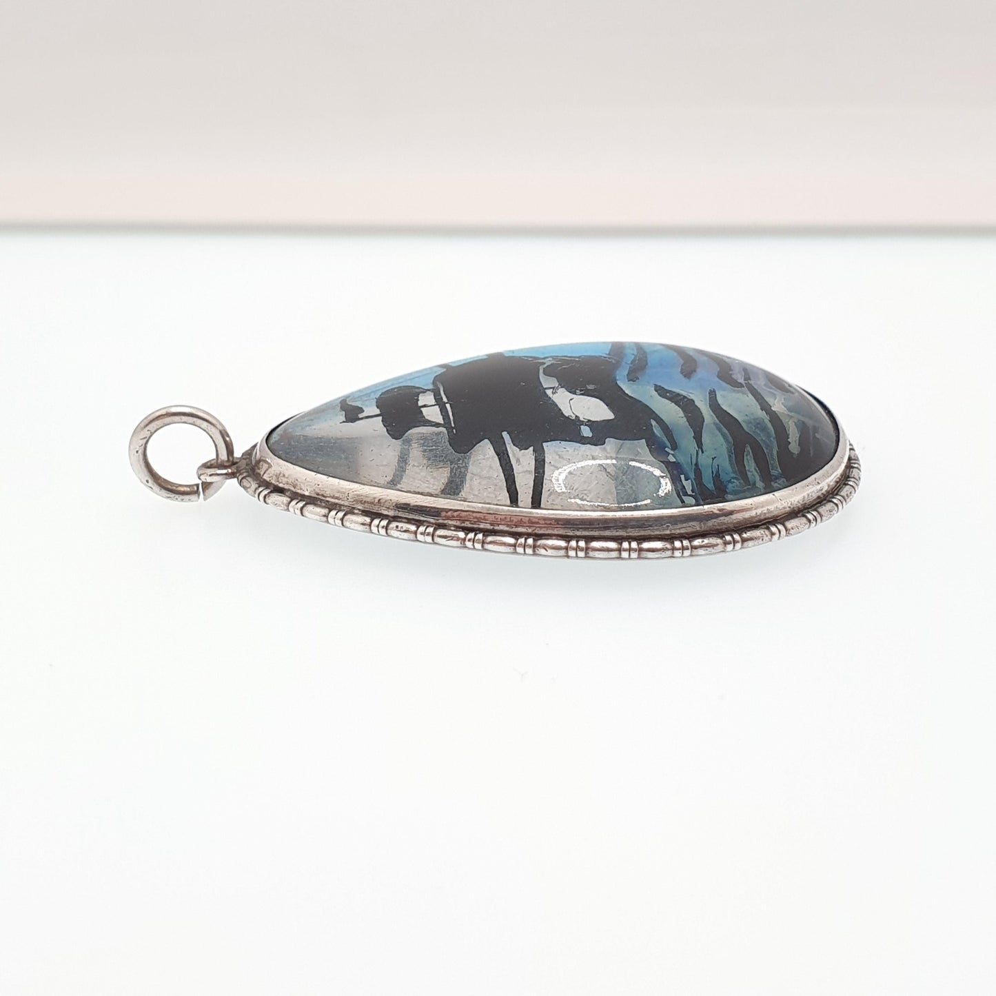 Antique Butterfly Wing Sterling Silver Necklace Pendant Galleon Ship Sailing Sea Art Deco Vintage 1920s Blue Bug Insect Jewelry Jewellery
