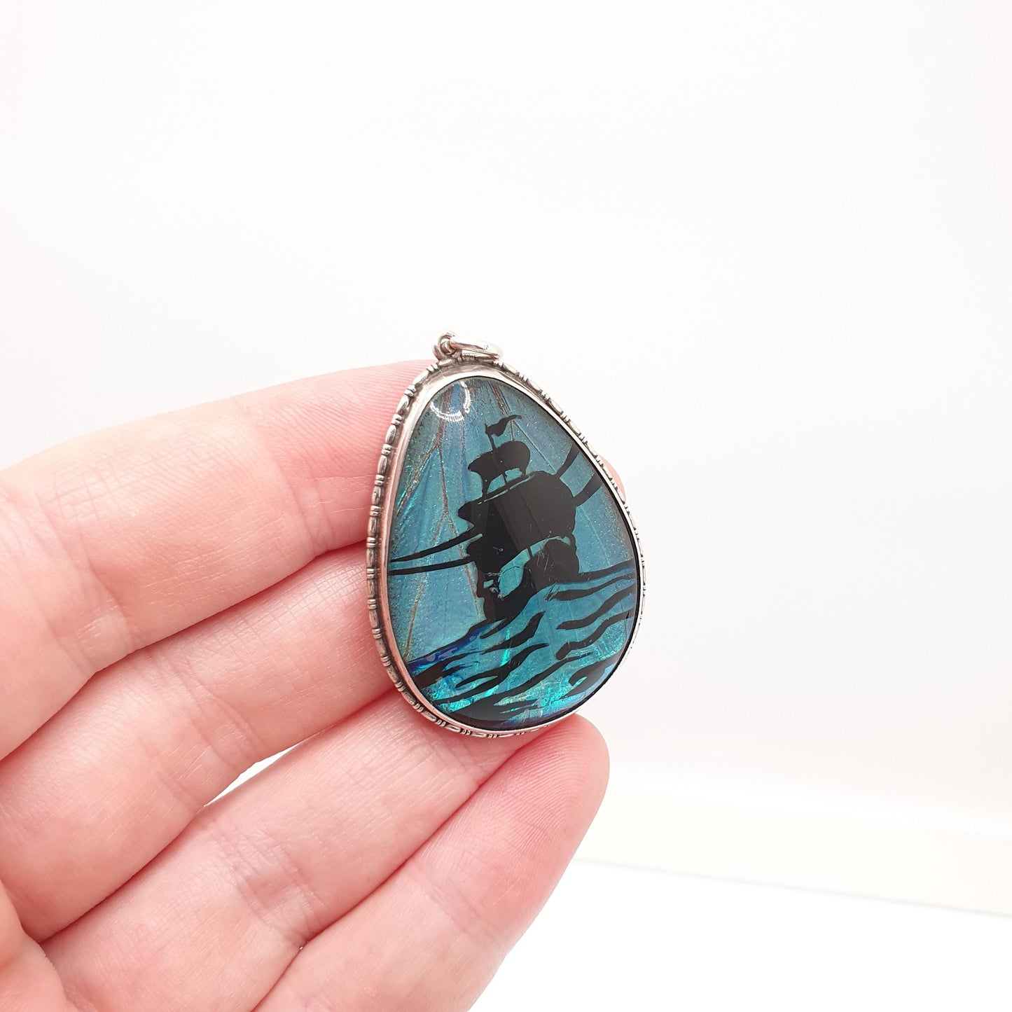 Antique Butterfly Wing Sterling Silver Necklace Pendant Galleon Ship Sailing Sea Art Deco Vintage 1920s Blue Bug Insect Jewelry Jewellery