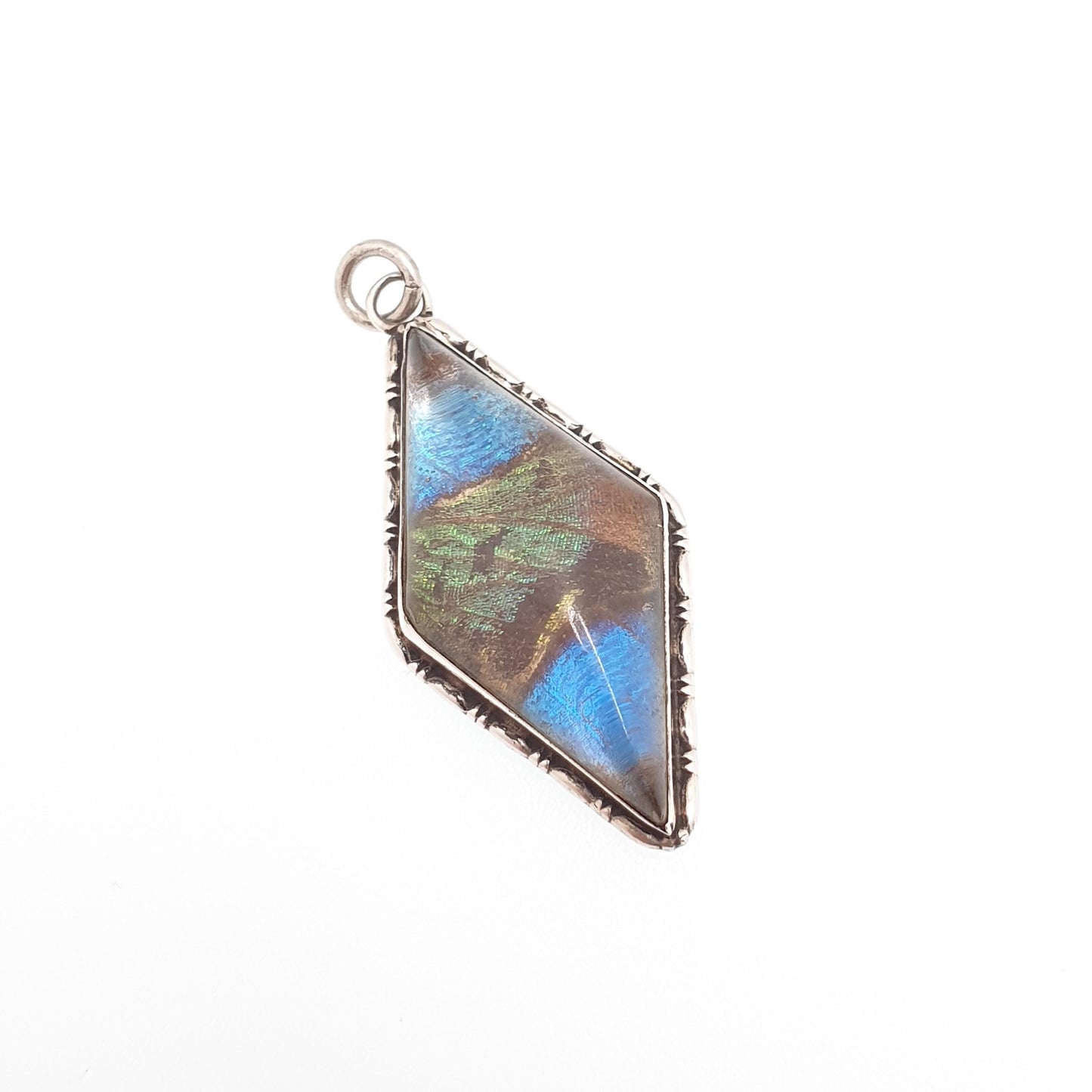 Antique Art Deco Sterling Silver Butterfly Wing Necklace Pendant Kite Shape Vintage 1920s Blue Bug Fly Insect Rare Jewelry Jewellery