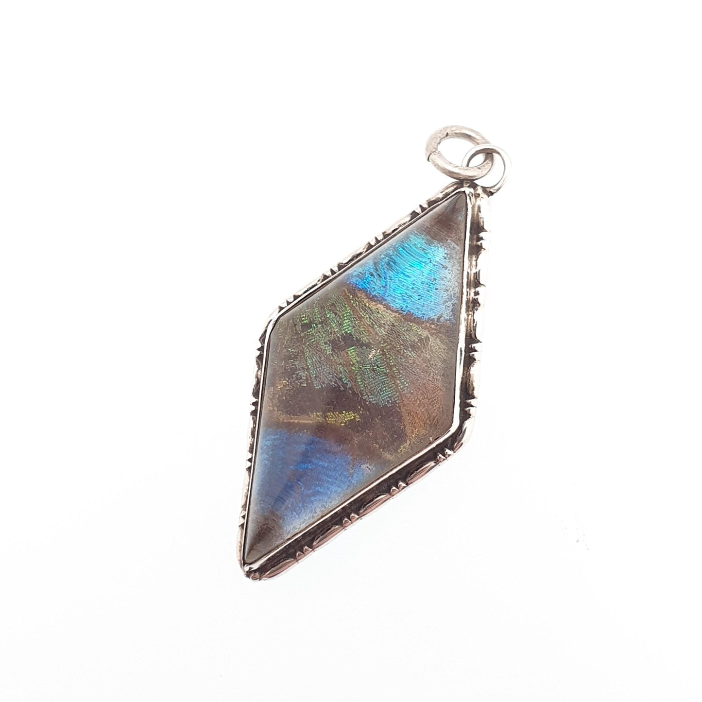 Antique Art Deco Sterling Silver Butterfly Wing Necklace Pendant Kite Shape Vintage 1920s Blue Bug Fly Insect Rare Jewelry Jewellery