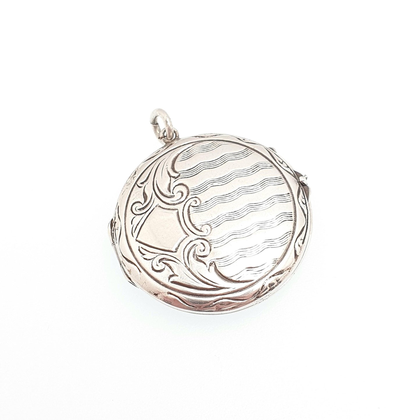 Antique Sterling Silver Round Locket Pendant Necklace 1910s Circle Engraved Solid 925 Vintage Picture Photo Womens Jewelry Jewellery