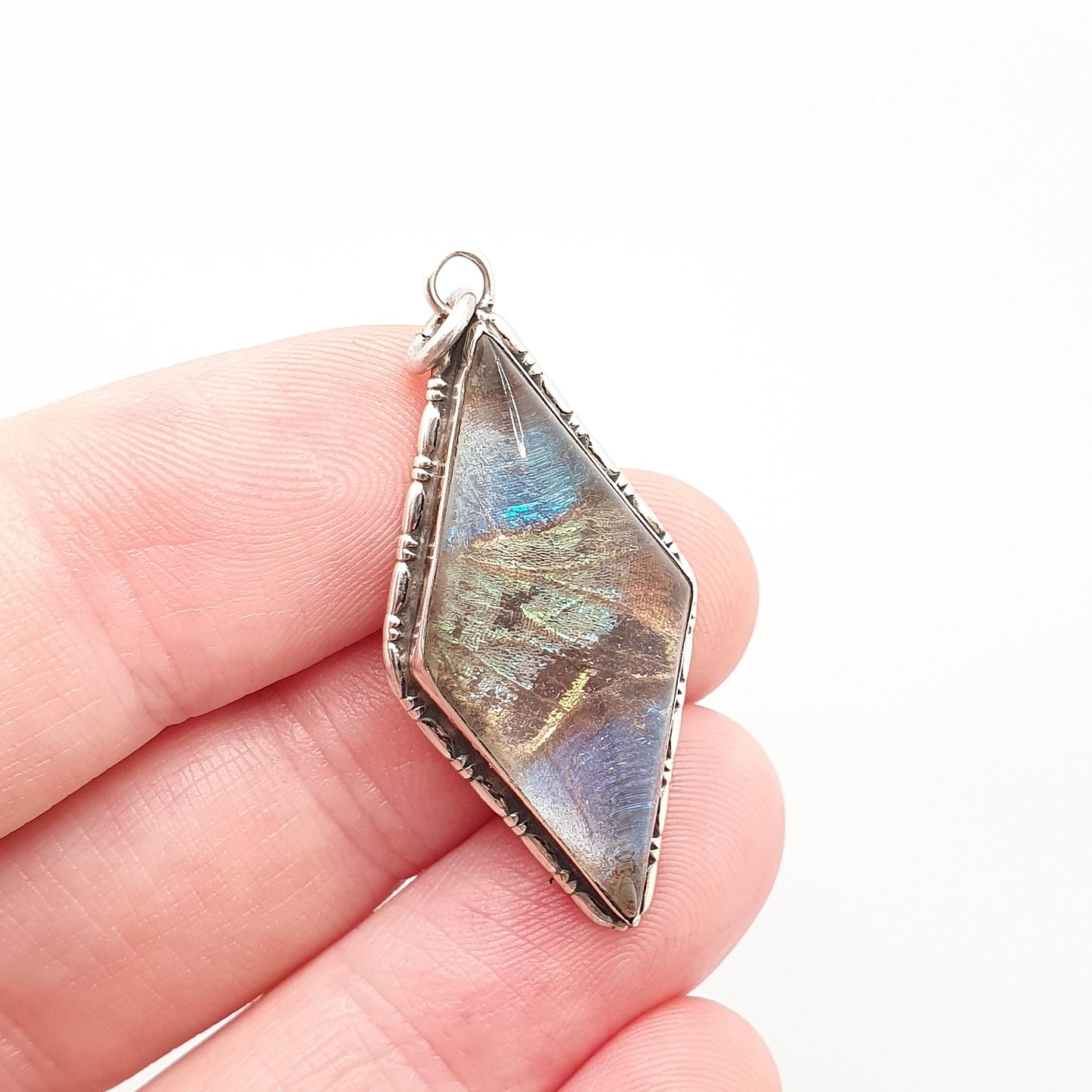 Antique Art Deco Sterling Silver Butterfly Wing Necklace Pendant Kite Shape Vintage 1920s Blue Bug Fly Insect Rare Jewelry Jewellery