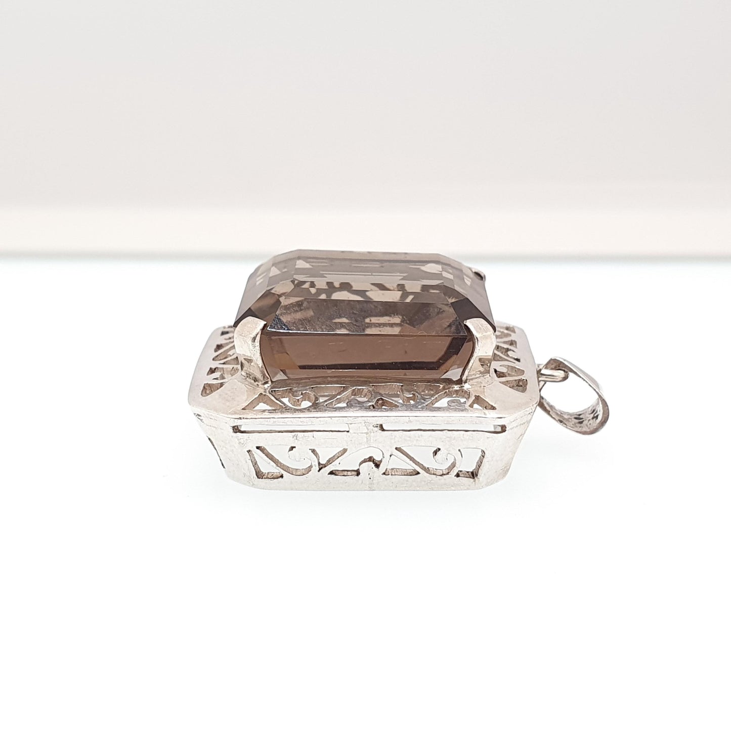 Antique Solid Silver Smoky Quartz Pendant Necklace Large Big Natural Gemstone Art Deco 1920s Rectangular Genuine Womens Jewelry Jewellery