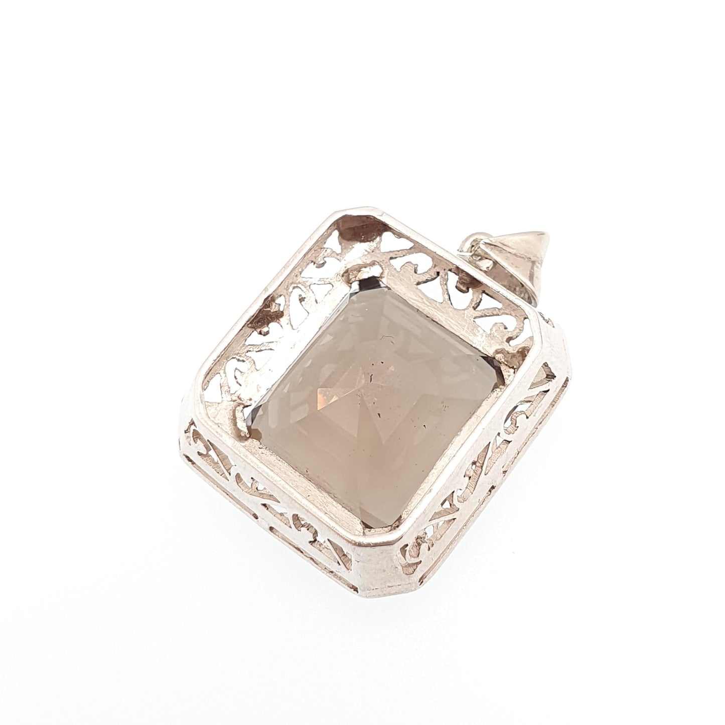 Antique Solid Silver Smoky Quartz Pendant Necklace Large Big Natural Gemstone Art Deco 1920s Rectangular Genuine Womens Jewelry Jewellery