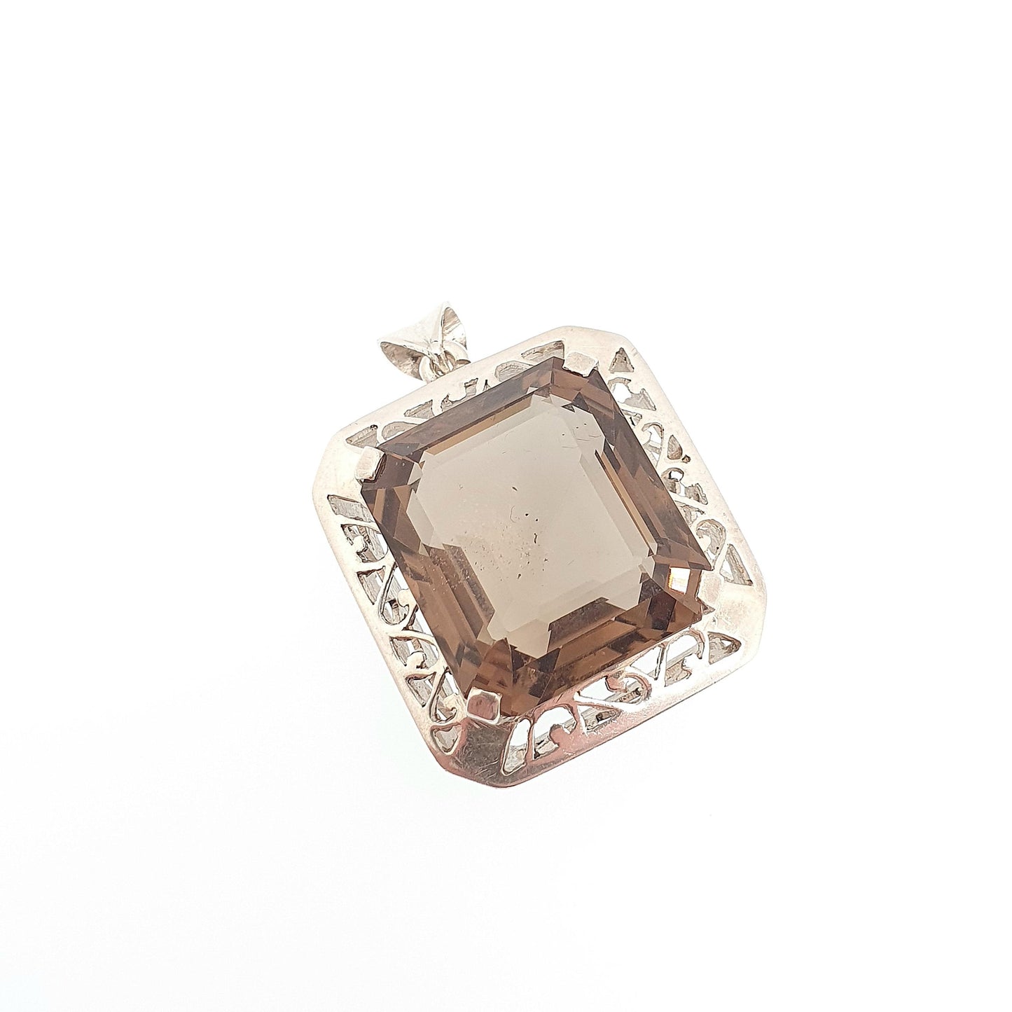 Antique Solid Silver Smoky Quartz Pendant Necklace Large Big Natural Gemstone Art Deco 1920s Rectangular Genuine Womens Jewelry Jewellery