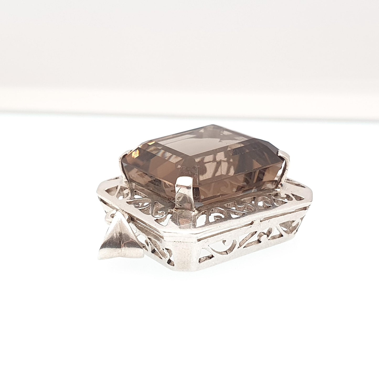 Antique Solid Silver Smoky Quartz Pendant Necklace Large Big Natural Gemstone Art Deco 1920s Rectangular Genuine Womens Jewelry Jewellery