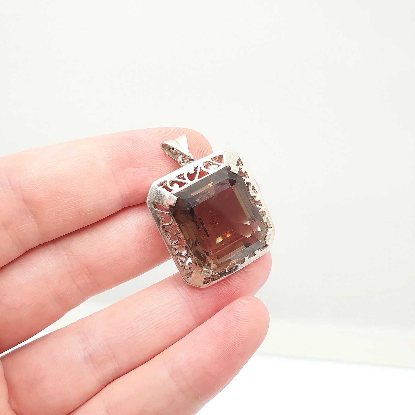 Antique Solid Silver Smoky Quartz Pendant Necklace Large Big Natural Gemstone Art Deco 1920s Rectangular Genuine Womens Jewelry Jewellery