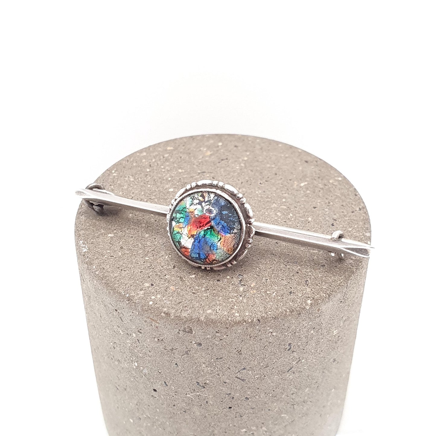 Antique Solid Silver Foiled Opal Glass Brooch Multi Coloured Bar Pin Tutti Fruitti Ladies Round Circle Womens Vintage Jewelry Jewellery