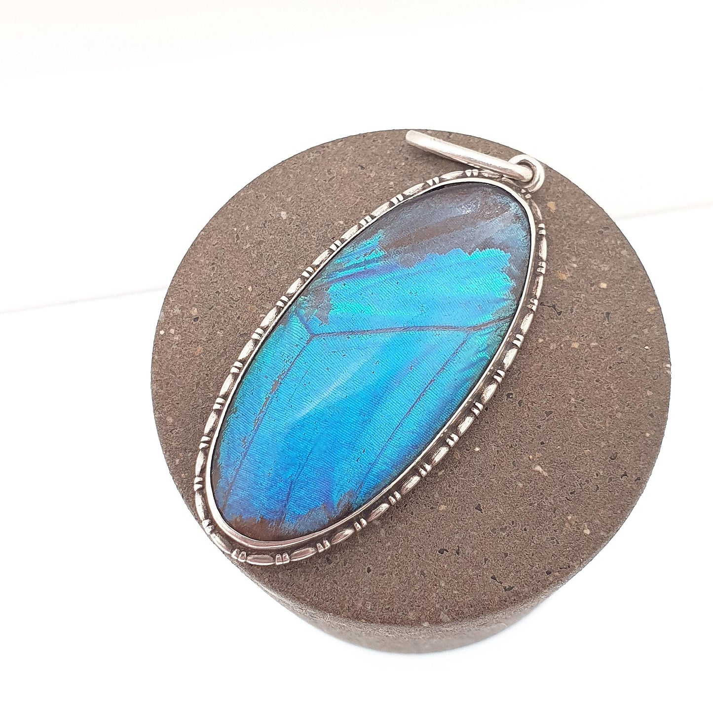 Antique Sterling Silver Butterfly Wing Necklace Pendant Large Oval Art Deco Round Vintage 1920s Blue Bug Fly Insect Jewelry Jewellery Womens
