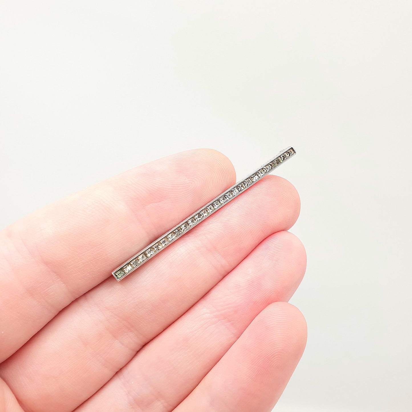 Antique Art Deco Sterling Silver Diamond Paste Bar Brooch Channel Set Square Cut Geometric 1920s Vintage Solid 925 Womens Jewellery Jewelry
