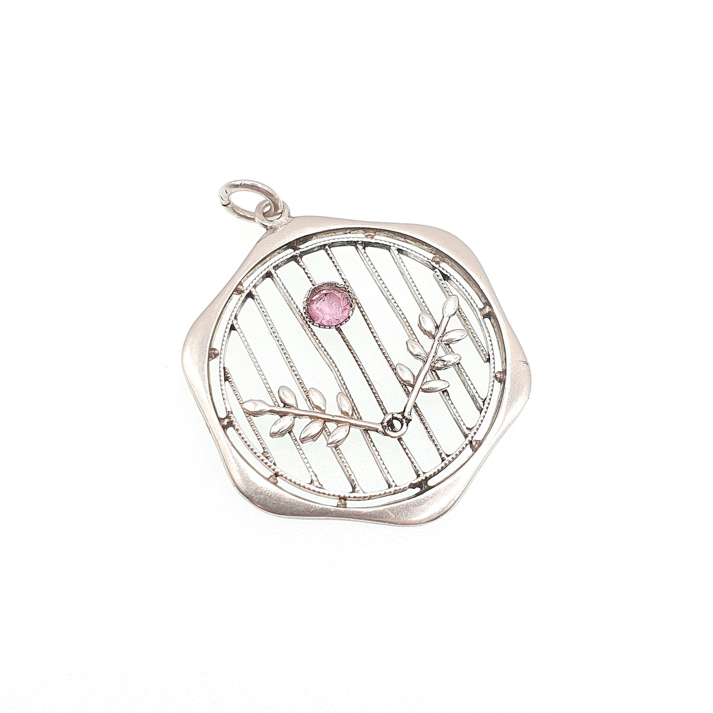 Antique Sterling Silver Pink Paste Pendant Necklace Edwardian Art Nouveau 1900s Openwork Hexagon Genuine Vintage Womens Jewelry Jewellery