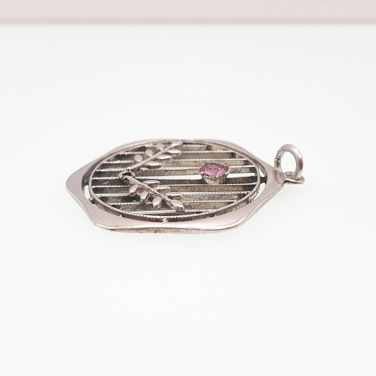 Antique Sterling Silver Pink Paste Pendant Necklace Edwardian Art Nouveau 1900s Openwork Hexagon Genuine Vintage Womens Jewelry Jewellery