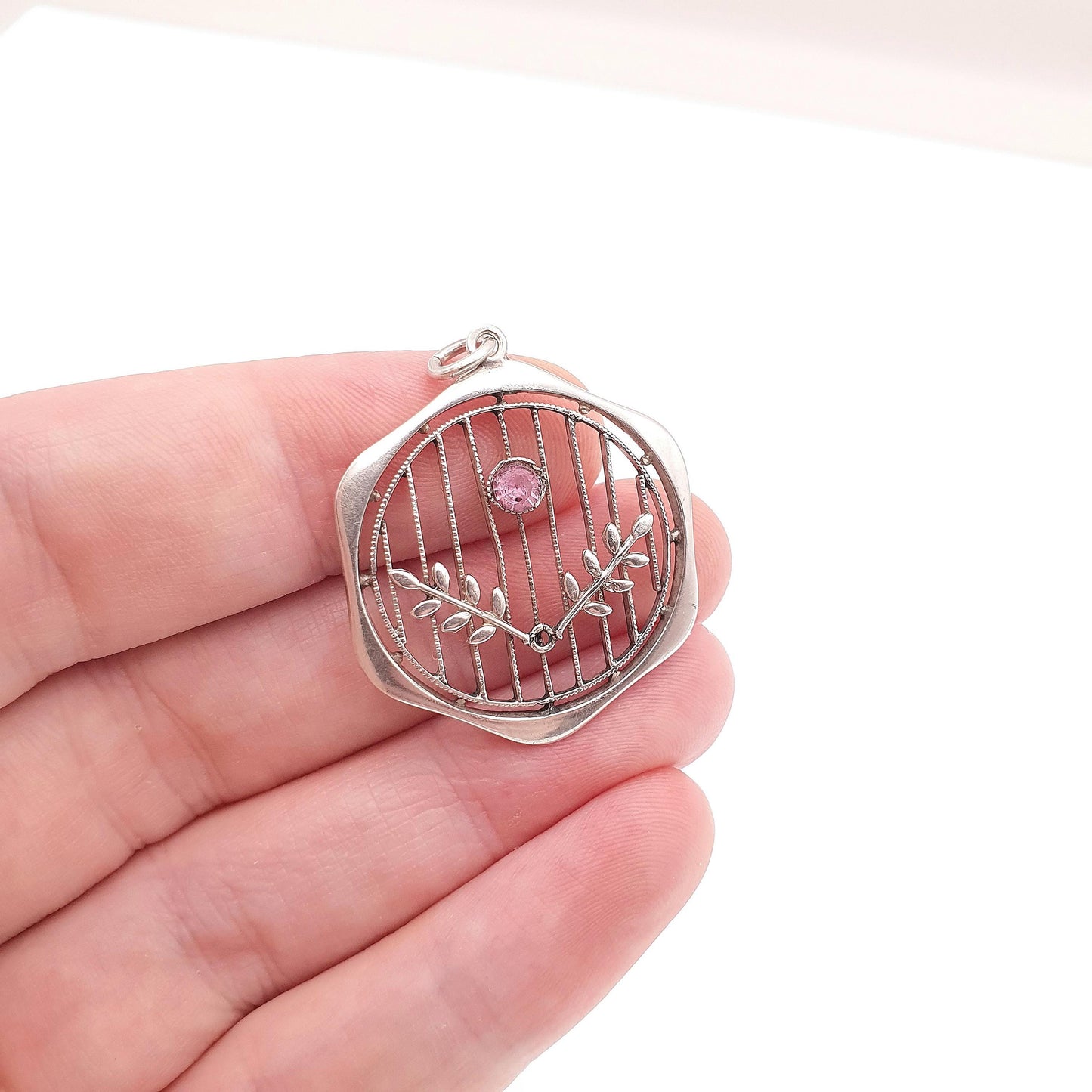 Antique Sterling Silver Pink Paste Pendant Necklace Edwardian Art Nouveau 1900s Openwork Hexagon Genuine Vintage Womens Jewelry Jewellery