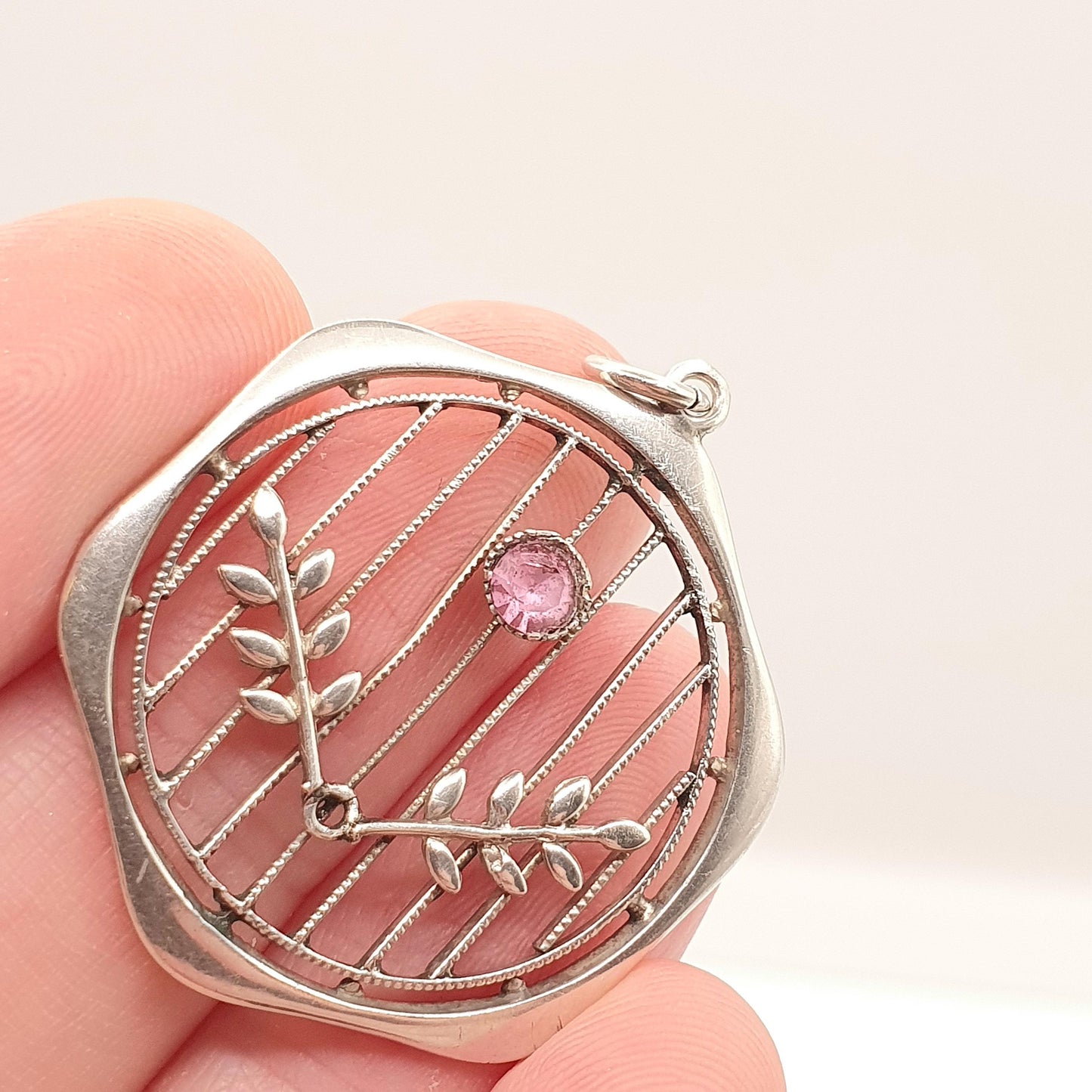Antique Sterling Silver Pink Paste Pendant Necklace Edwardian Art Nouveau 1900s Openwork Hexagon Genuine Vintage Womens Jewelry Jewellery