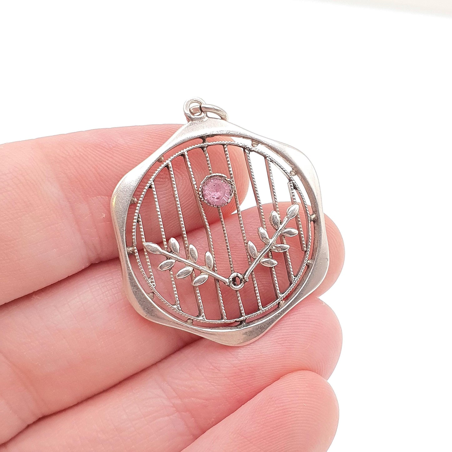 Antique Sterling Silver Pink Paste Pendant Necklace Edwardian Art Nouveau 1900s Openwork Hexagon Genuine Vintage Womens Jewelry Jewellery