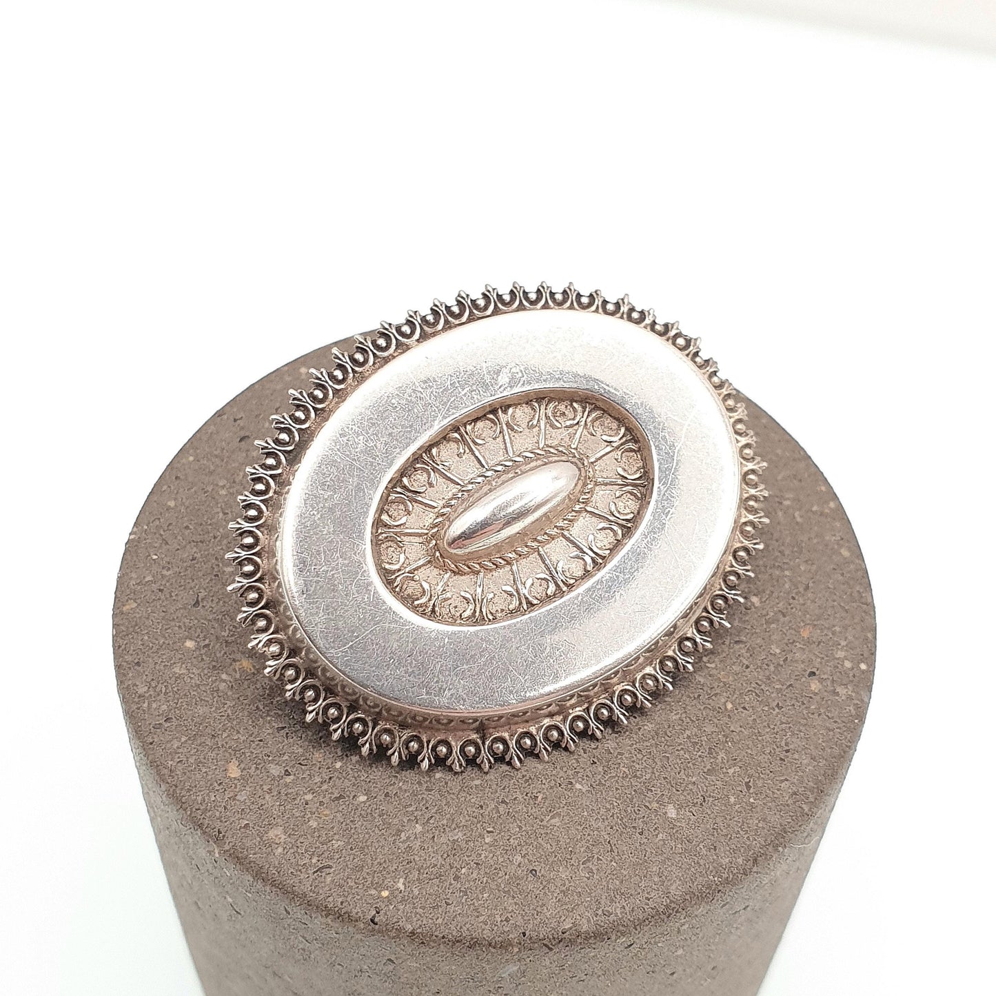 Antique Victorian Solid Silver Brooch Pin Sweetheart Etruscan Dome Oval Spiked Border 1800s Vintage Womens Ladies Jewelry Jewellery