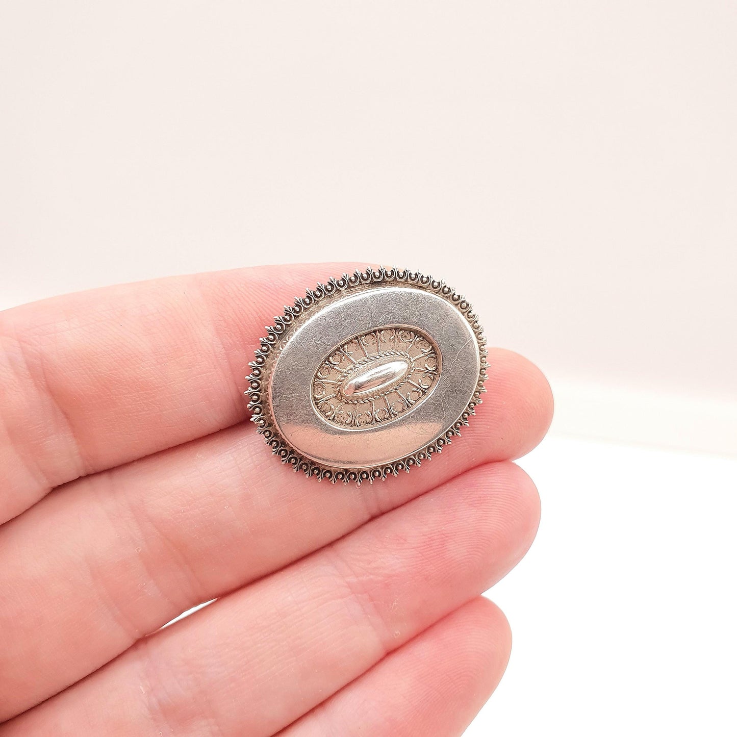 Antique Victorian Solid Silver Brooch Pin Sweetheart Etruscan Dome Oval Spiked Border 1800s Vintage Womens Ladies Jewelry Jewellery