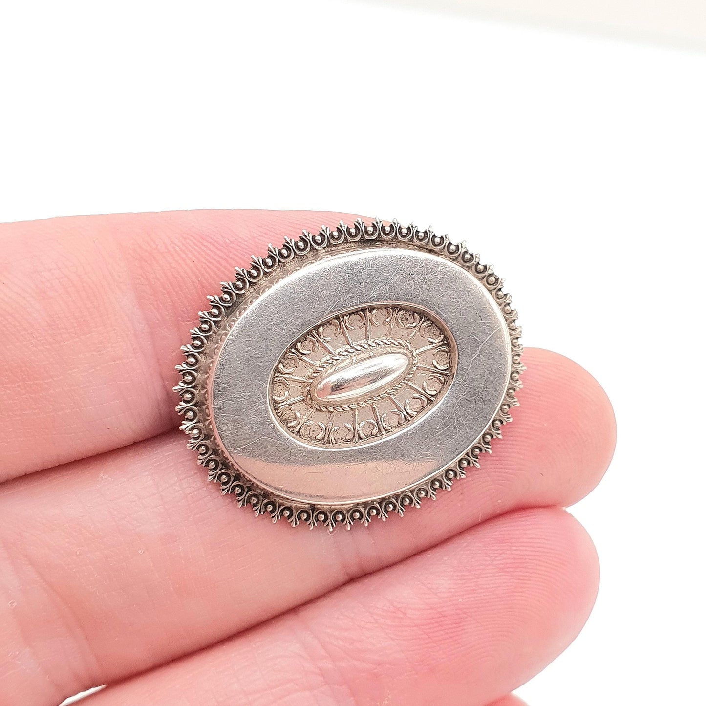 Antique Victorian Solid Silver Brooch Pin Sweetheart Etruscan Dome Oval Spiked Border 1800s Vintage Womens Ladies Jewelry Jewellery