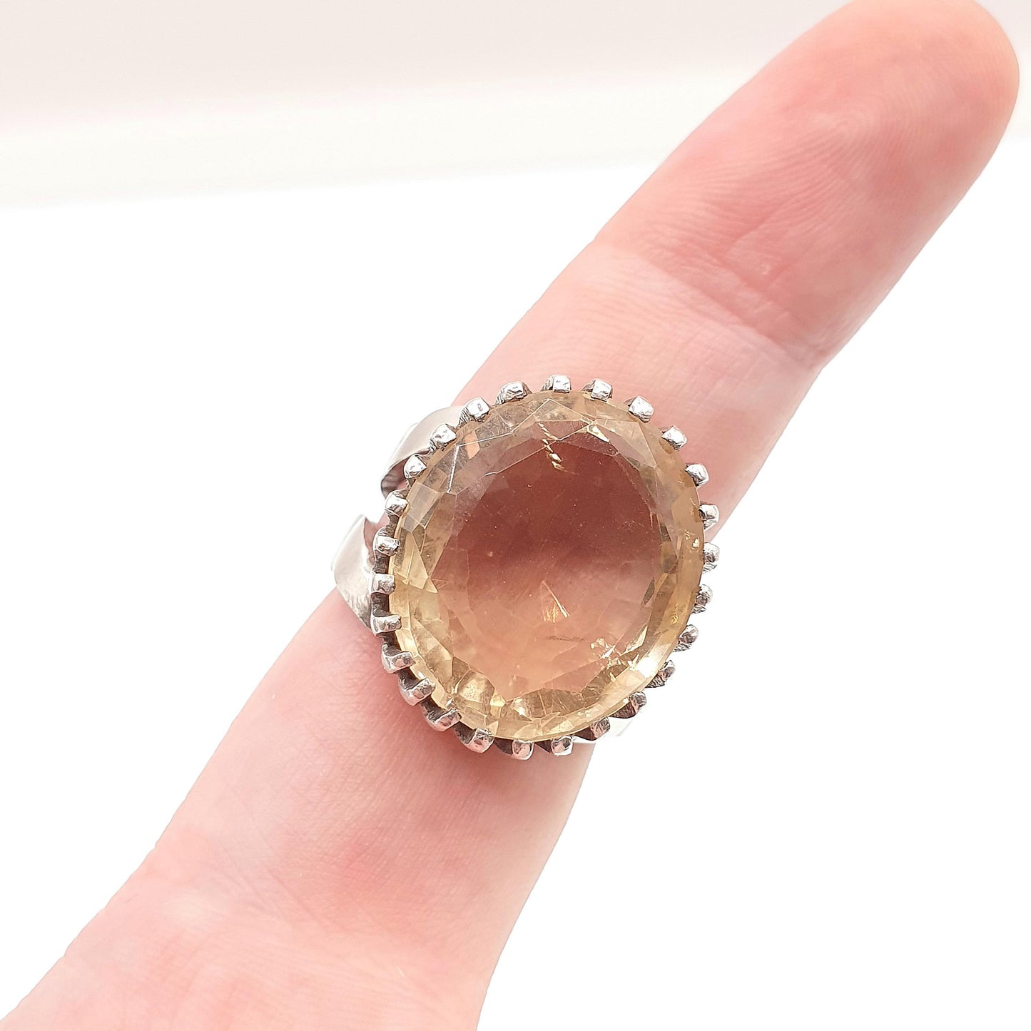 Vintage Solid Silver Natural Citrine Ring Huge Large Big Mexican or Navajo Style Oval Cut Chunky Gemstone Womens Jewelry Jewellery