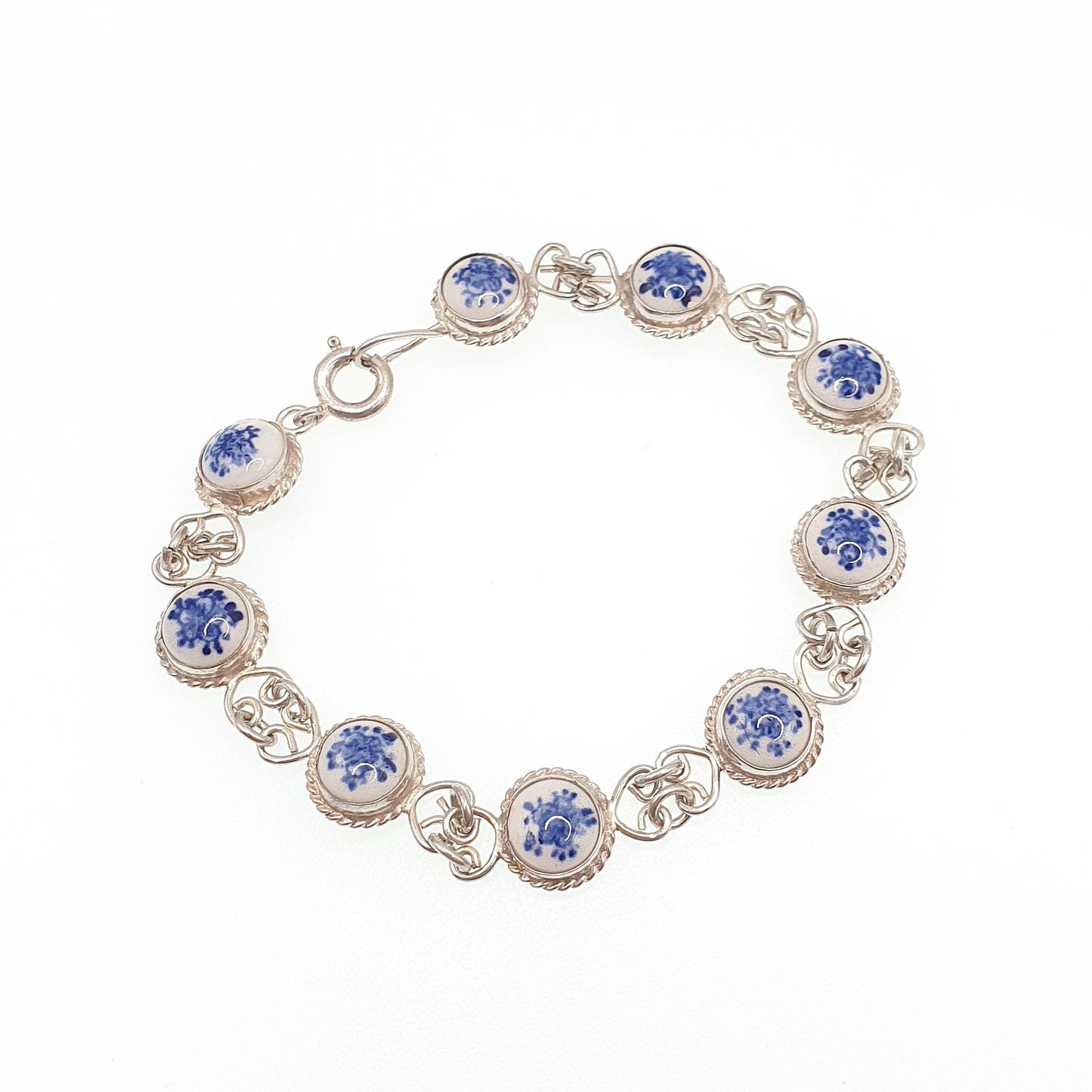 Vintage Dutch China Solid Silver Bracelet Flower Floral Dome Blue Ceramic Porcelain Chain Link Retro Womens Jewelry Jewellery