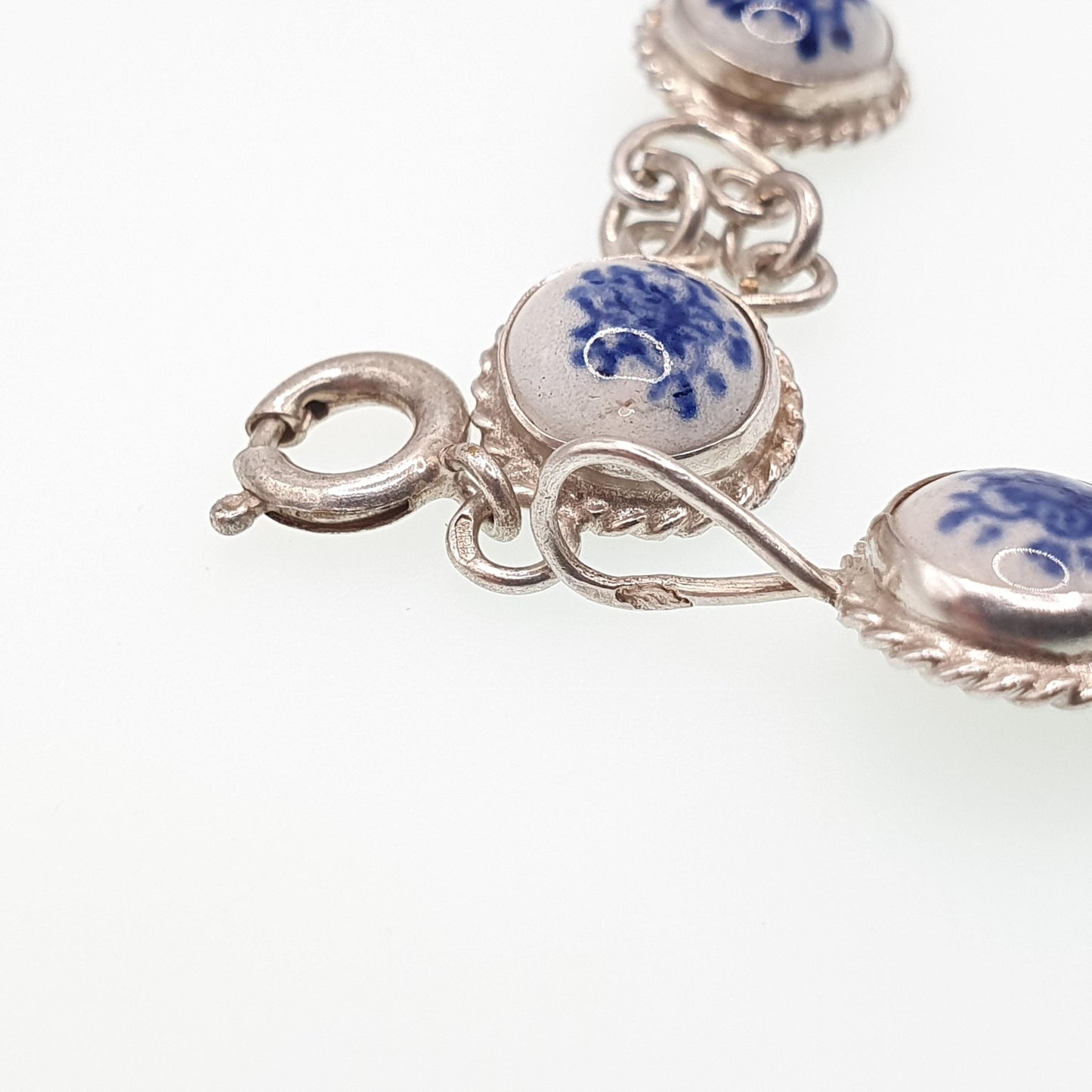 Vintage Dutch China Solid Silver Bracelet Flower Floral Dome Blue Ceramic Porcelain Chain Link Retro Womens Jewelry Jewellery