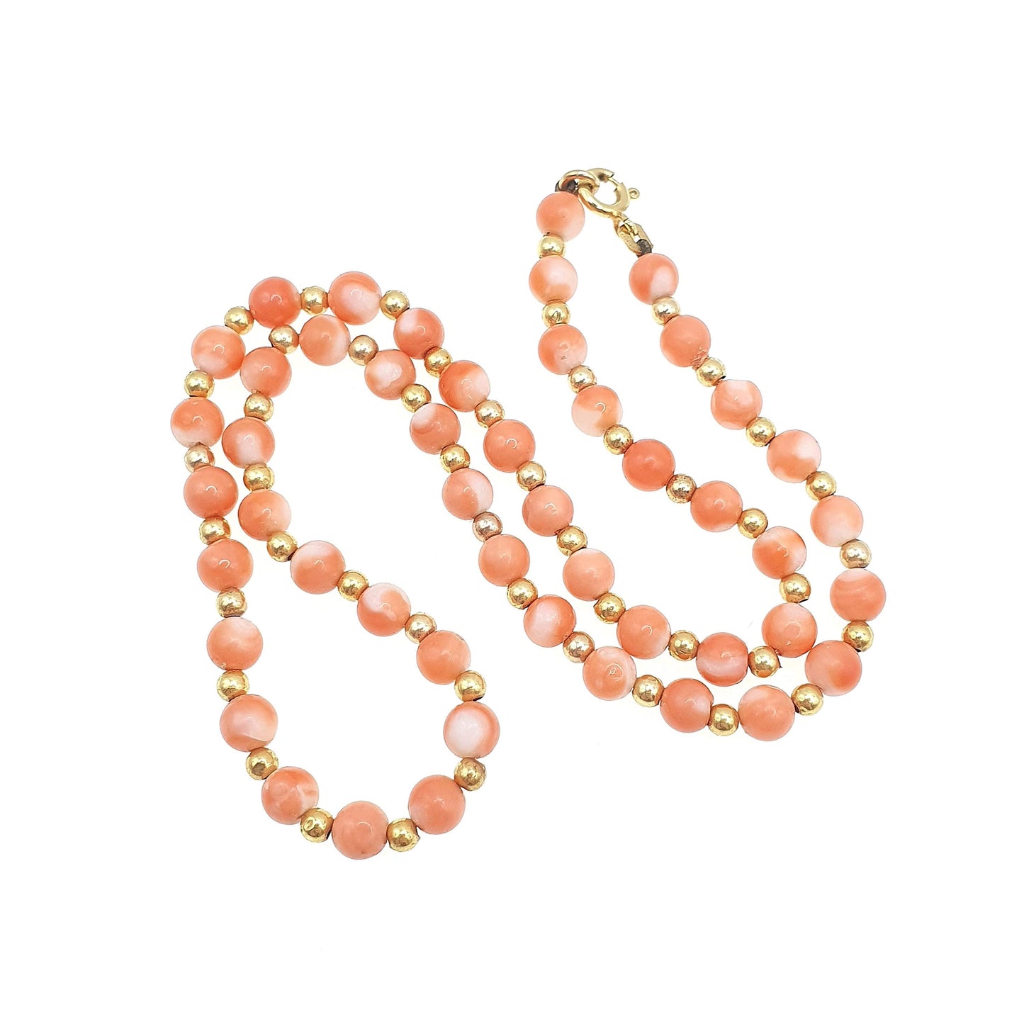 Vintage 9ct Gold Coral Bead Necklace Choker Angel Skin Pink Orange Solid 9k 375 39cm 15.35" 11.37g Hallmark Womens Vintage Jewelry Jewellery