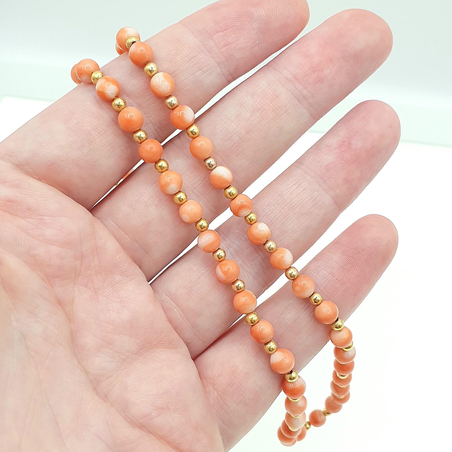 Vintage 9ct Gold Coral Bead Necklace Choker Angel Skin Pink Orange Solid 9k 375 39cm 15.35" 11.37g Hallmark Womens Vintage Jewelry Jewellery