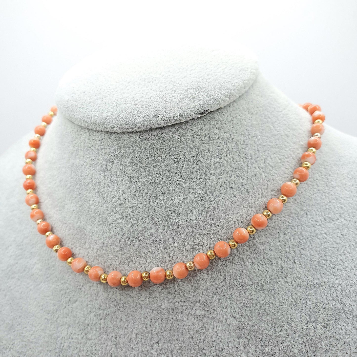 Vintage 9ct Gold Coral Bead Necklace Choker Angel Skin Pink Orange Solid 9k 375 39cm 15.35" 11.37g Hallmark Womens Vintage Jewelry Jewellery