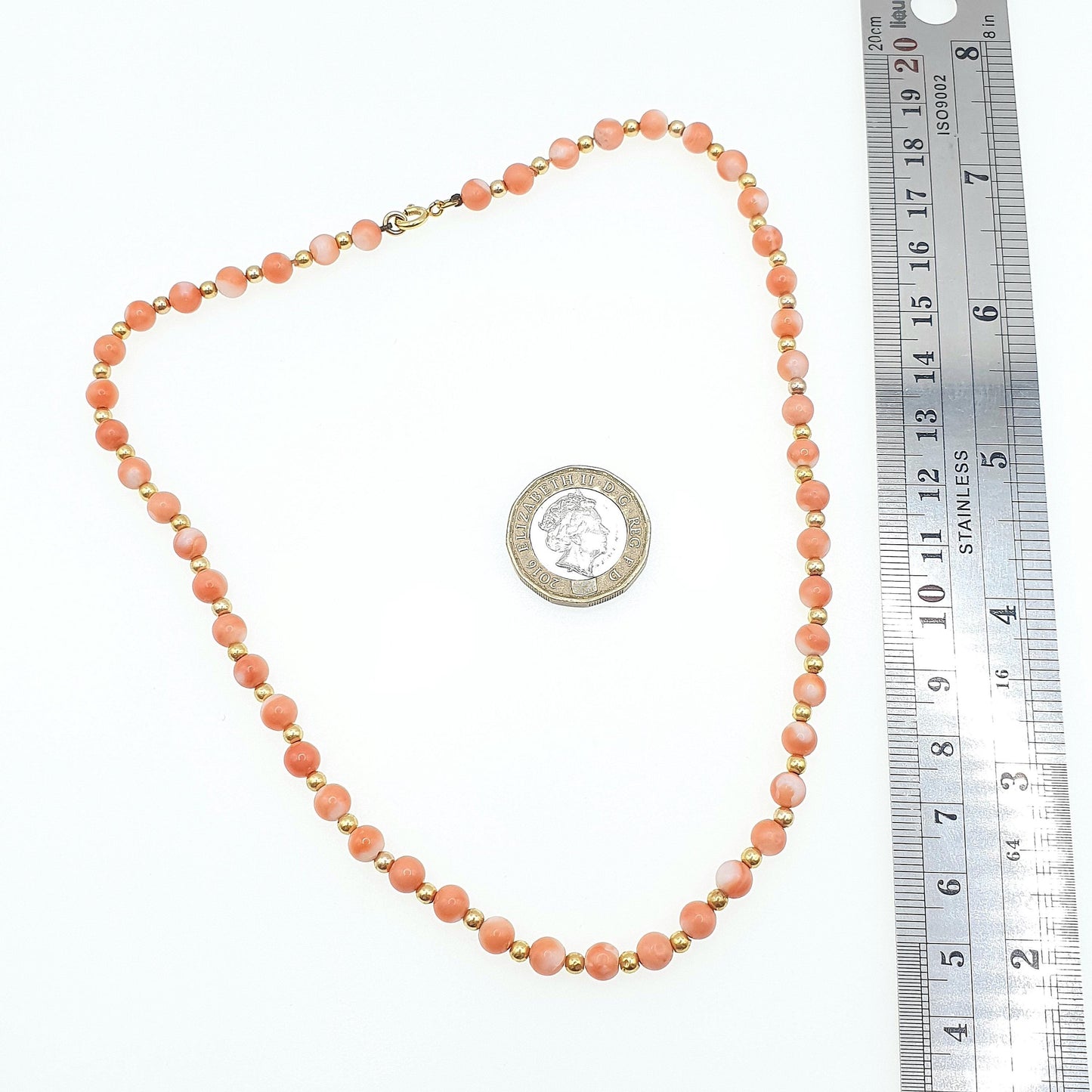 Vintage 9ct Gold Coral Bead Necklace Choker Angel Skin Pink Orange Solid 9k 375 39cm 15.35" 11.37g Hallmark Womens Vintage Jewelry Jewellery