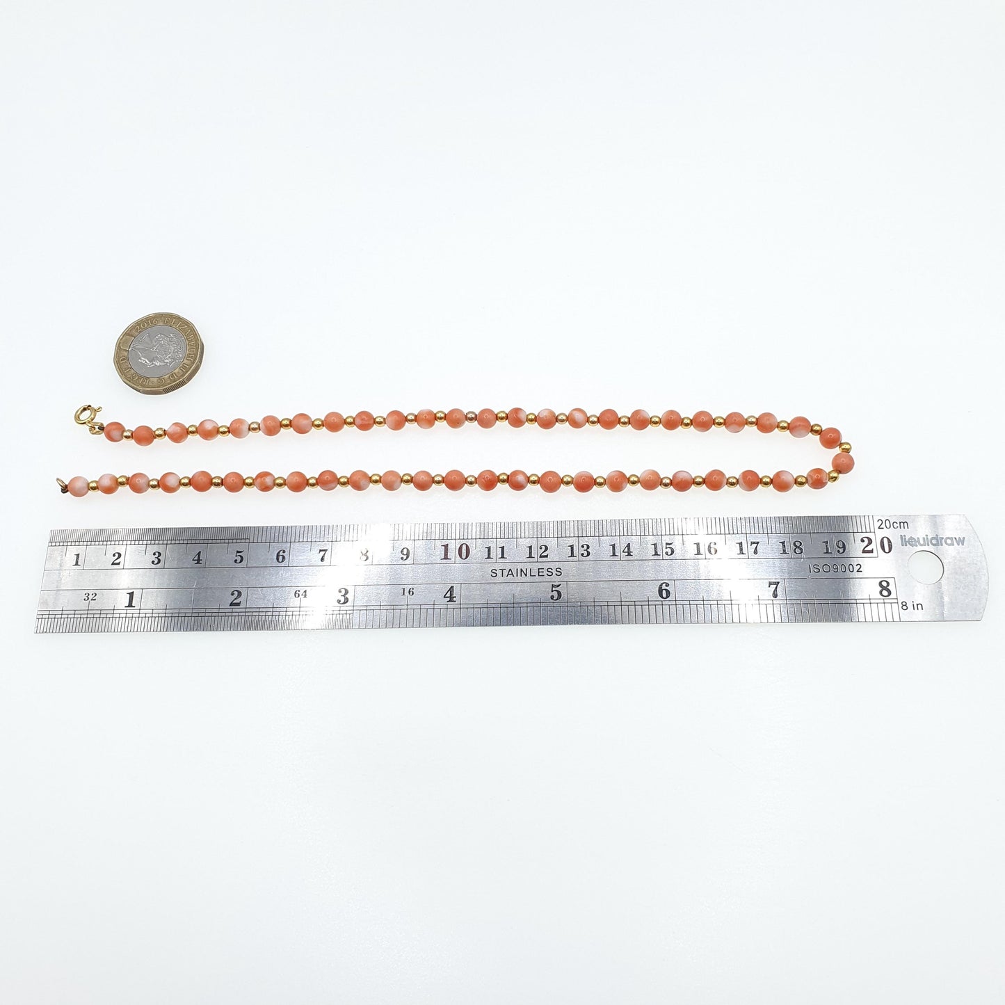 Vintage 9ct Gold Coral Bead Necklace Choker Angel Skin Pink Orange Solid 9k 375 39cm 15.35" 11.37g Hallmark Womens Vintage Jewelry Jewellery