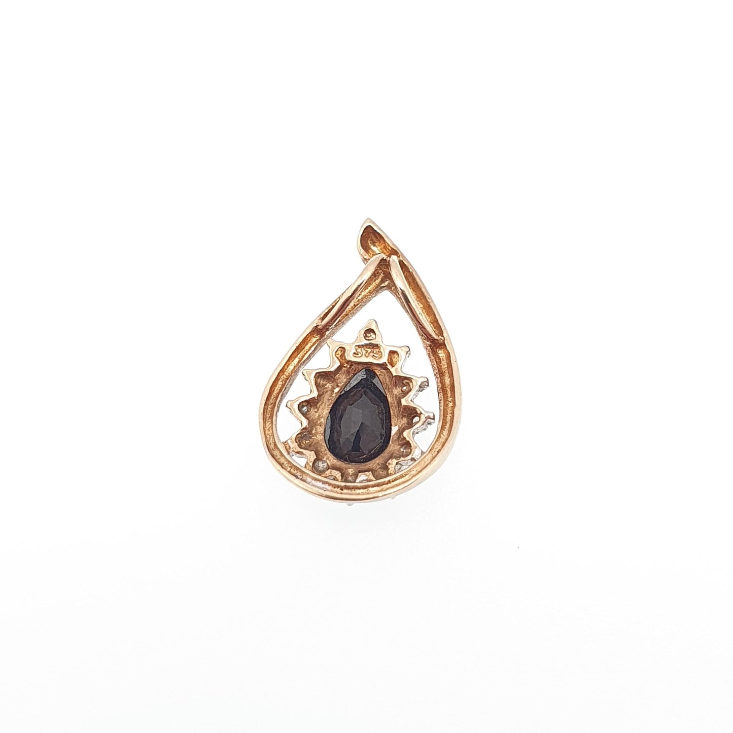 Vintage 9k 9ct Gold Sapphire & Diamond Necklace Pear Cut Pendant Cluster Small Solid 375 Yellow Cute Ladies Womens Jewelry Retro Jewellery