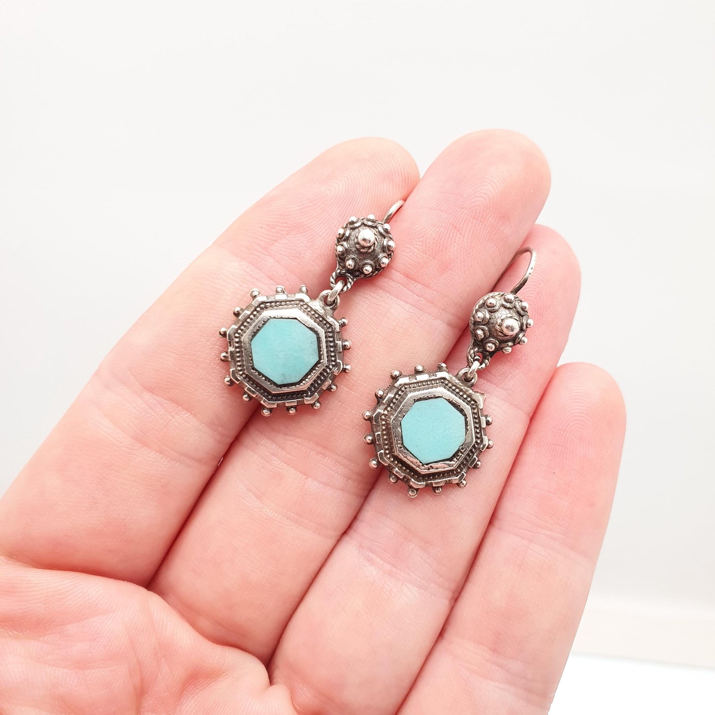 Antique Victorian Solid Silver Turquoise Glass Earrings Dangle Large Hook Pendulum Etruscan Genuine Vintage Womens Jewelry Jewellery