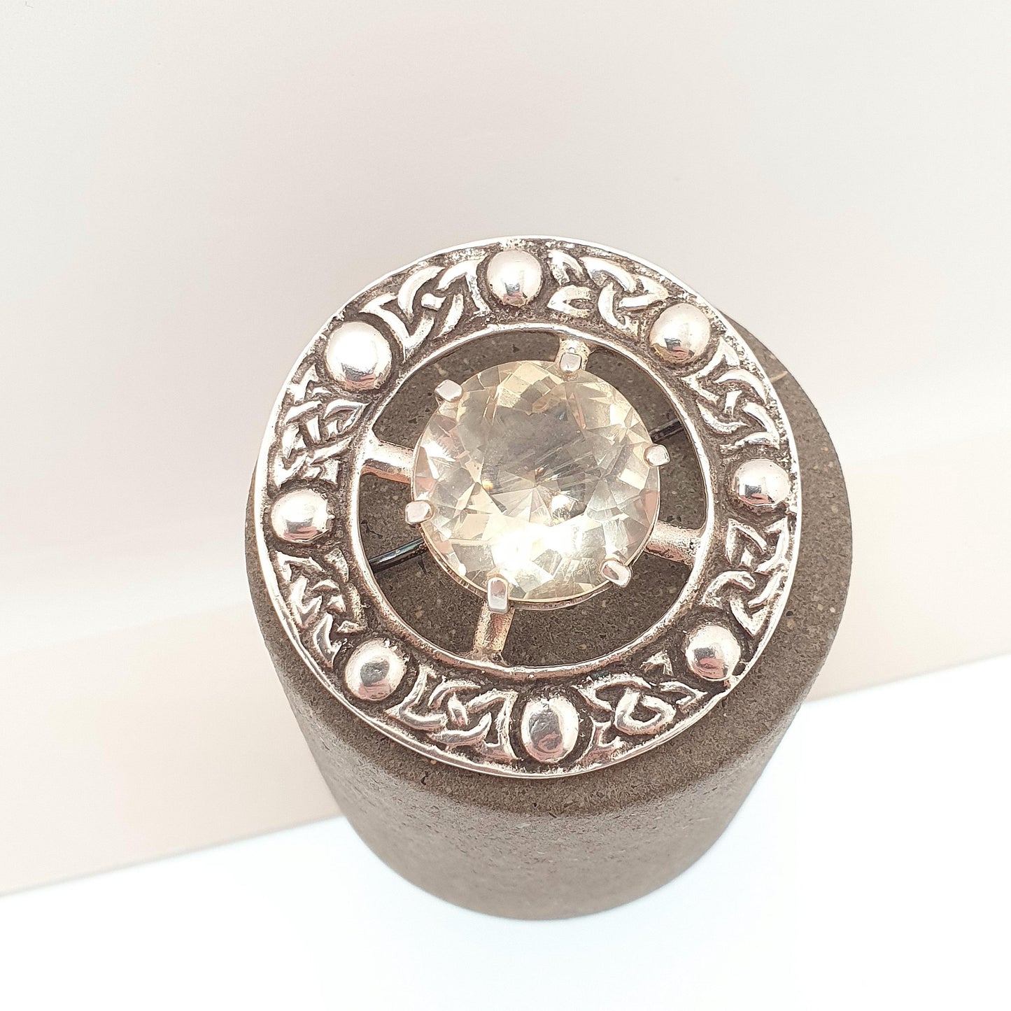 Old Vintage Sterling Silver Citrine Brooch Pin ROBERT ALLISON 1951 Scottish Celtic Large Gemstone Engraved Solid 925 Jewelry Jewellery