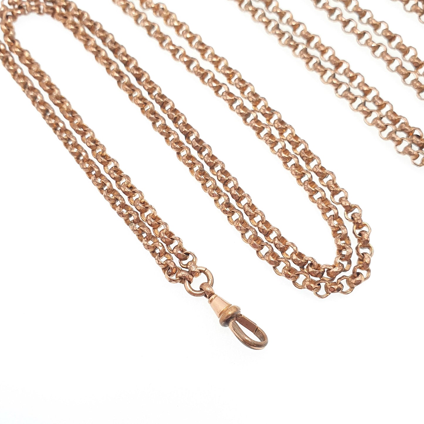 Antique Victorian Rose Rolled Gold Muff Chain Necklace Dog Clip Belcher Link Rolo 136cm 39.00g Long 1800s Guard Vintage Jewelry Jewellery