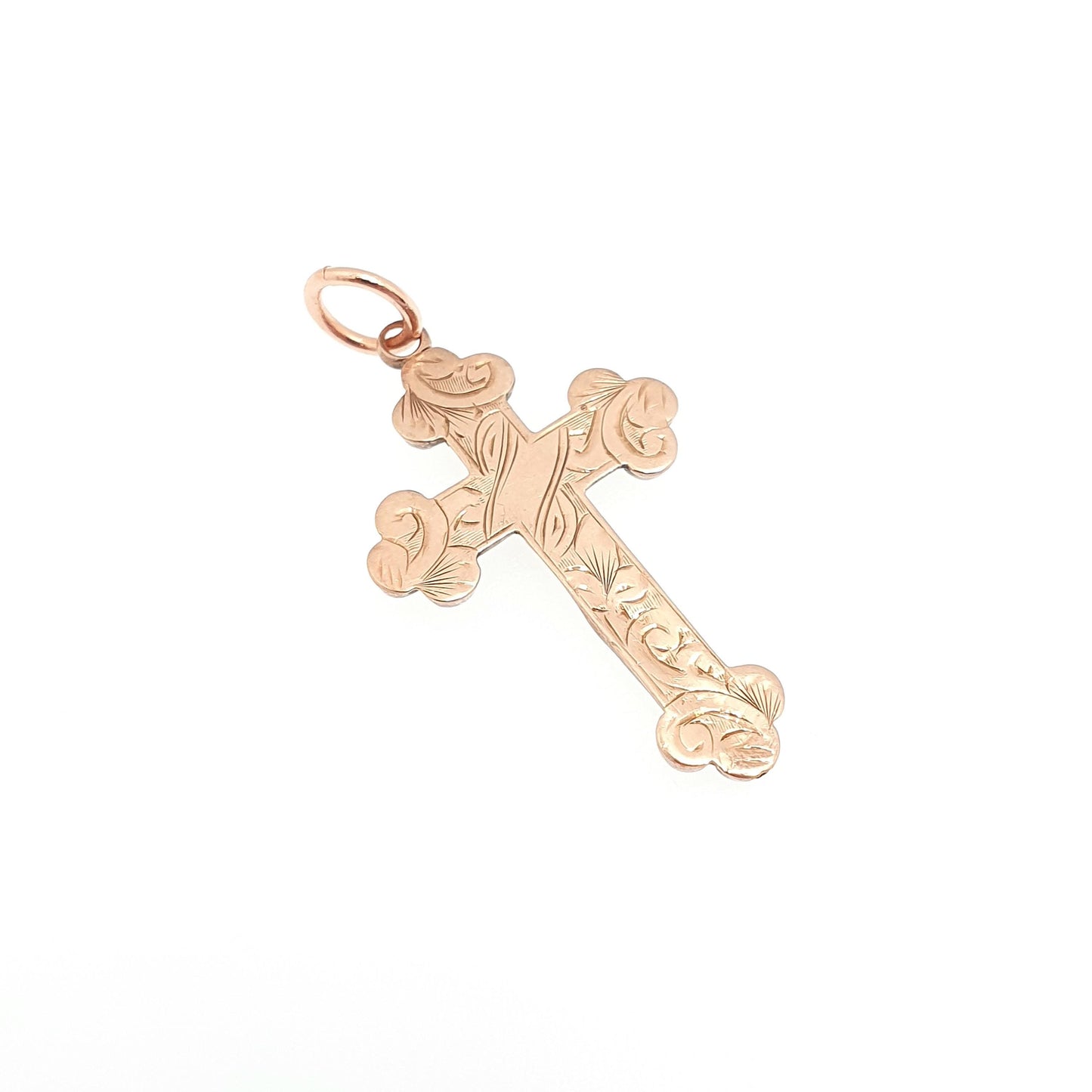 Antique 9ct 9k Rose Gold Crucifix Necklace Cross Pendant Hallmark Engraved Bulbed Victorian Solid 9kt Vintage Womens Mens Jewellery Jewelry