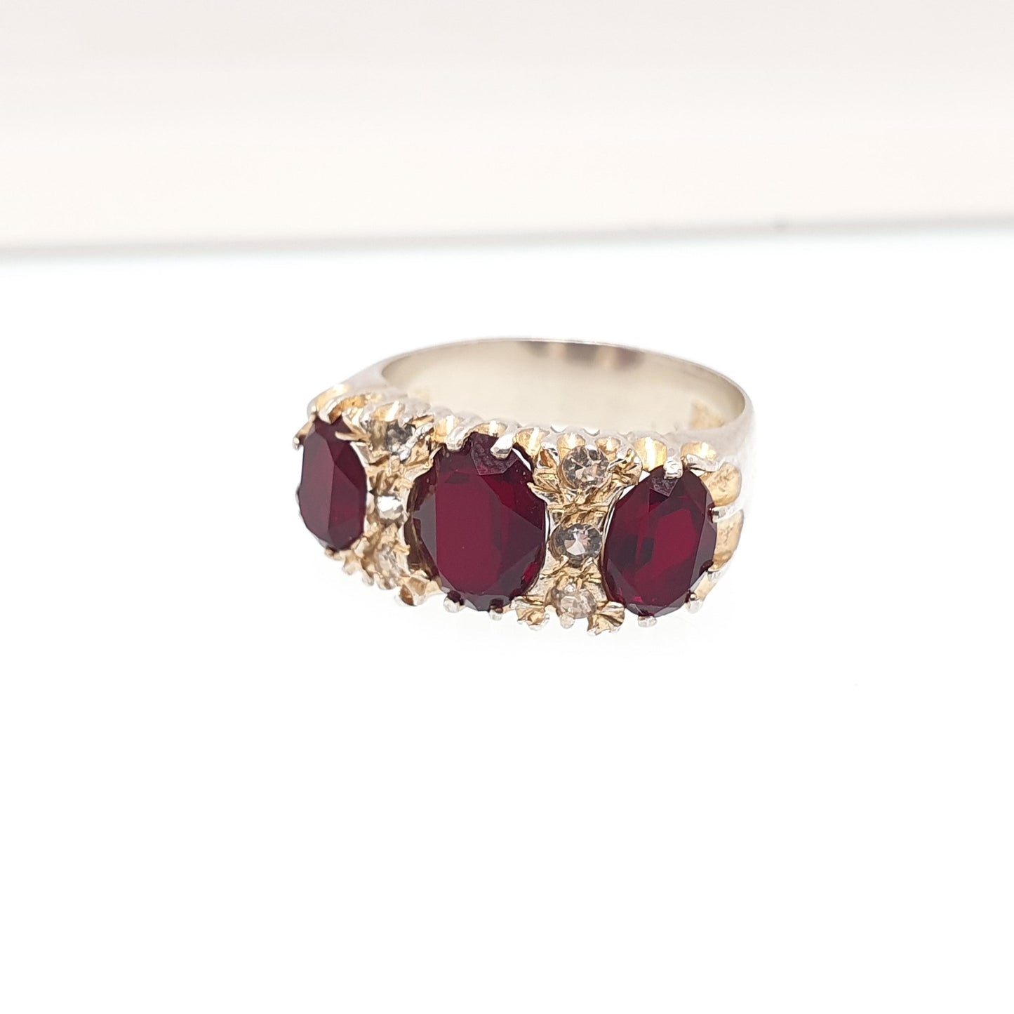 Vintage Sterling Silver Garnet Ring Gypsy Large Gemstones Pyrope White Quartz Chunky Solid 925 Sparkly Retro Womens Girls Jewelry Jewellery