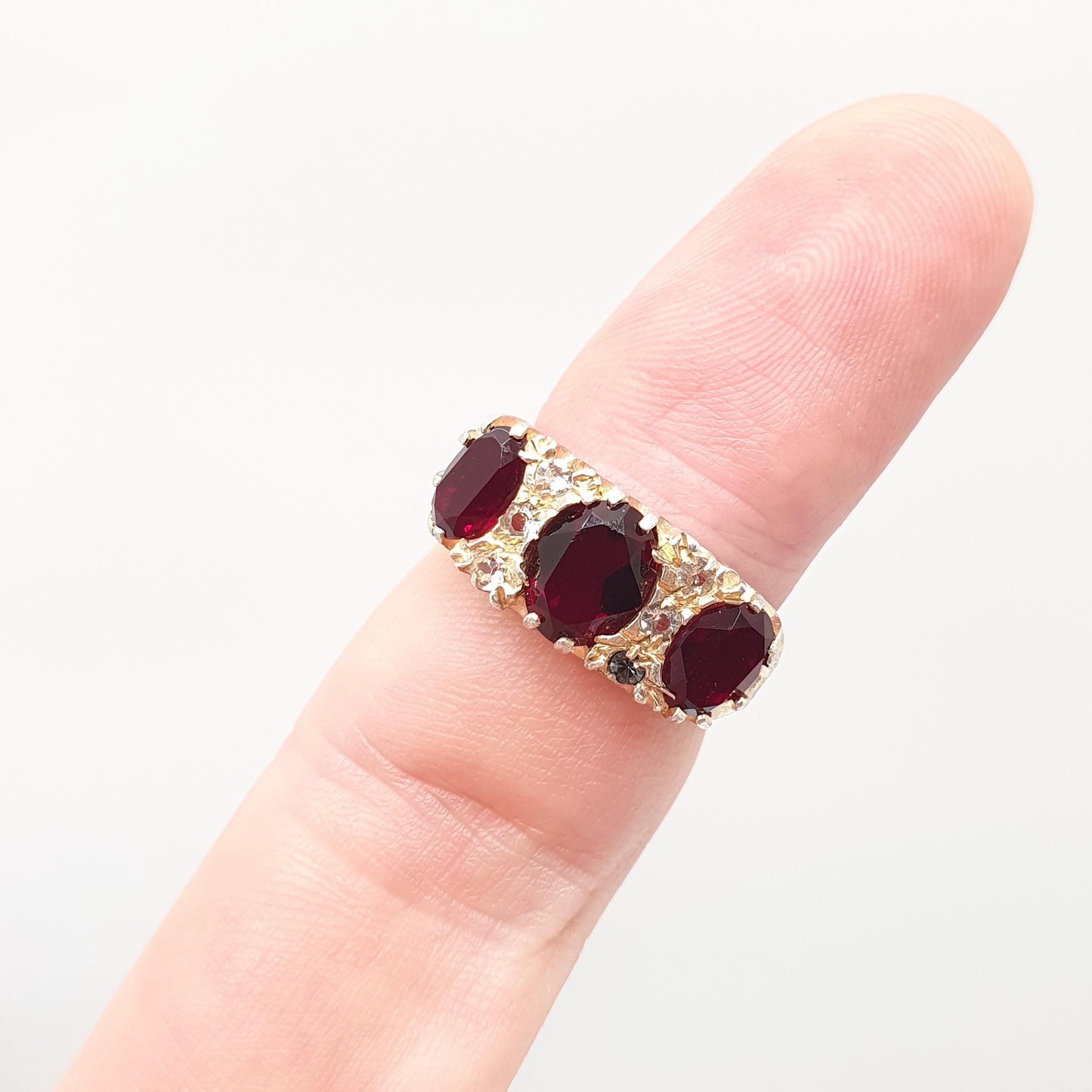 Vintage Sterling Silver Garnet Ring Gypsy Large Gemstones Pyrope White Quartz Chunky Solid 925 Sparkly Retro Womens Girls Jewelry Jewellery