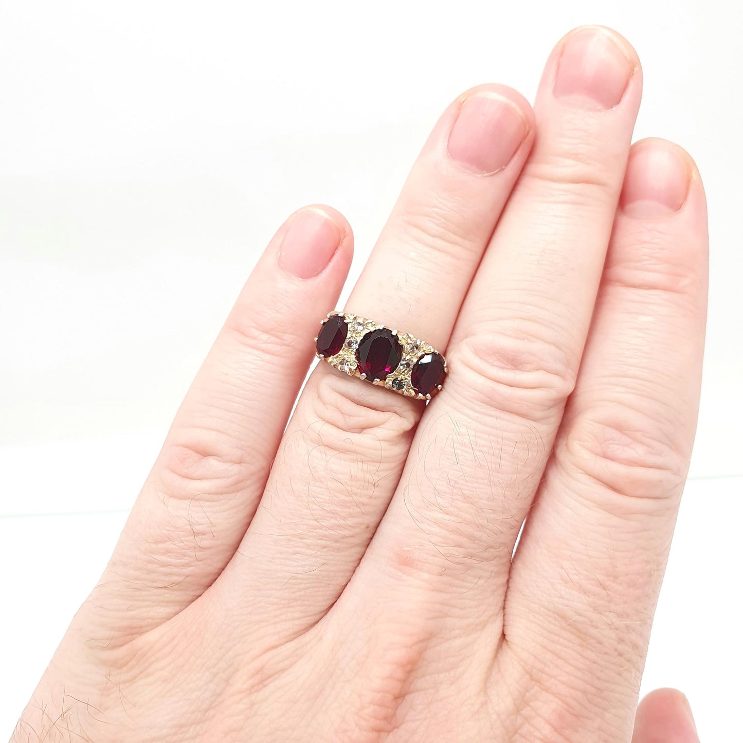 Vintage Sterling Silver Garnet Ring Gypsy Large Gemstones Pyrope White Quartz Chunky Solid 925 Sparkly Retro Womens Girls Jewelry Jewellery
