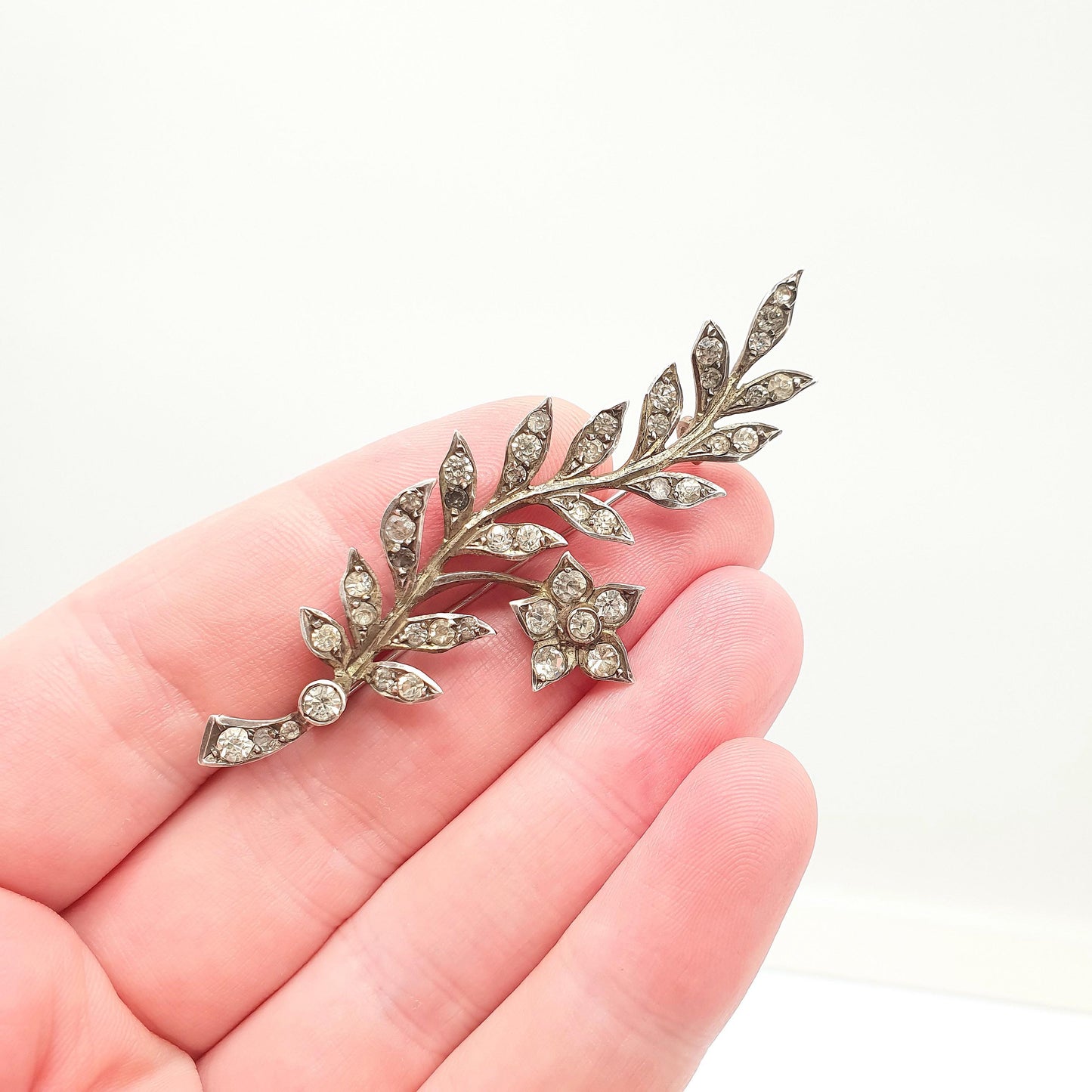 Antique Victorian Solid Silver Diamond Paste Flower Brooch Pin Floral Spray Large Ornate Late 1800s Sparkly Foiled Glass Jewelry Jewellery