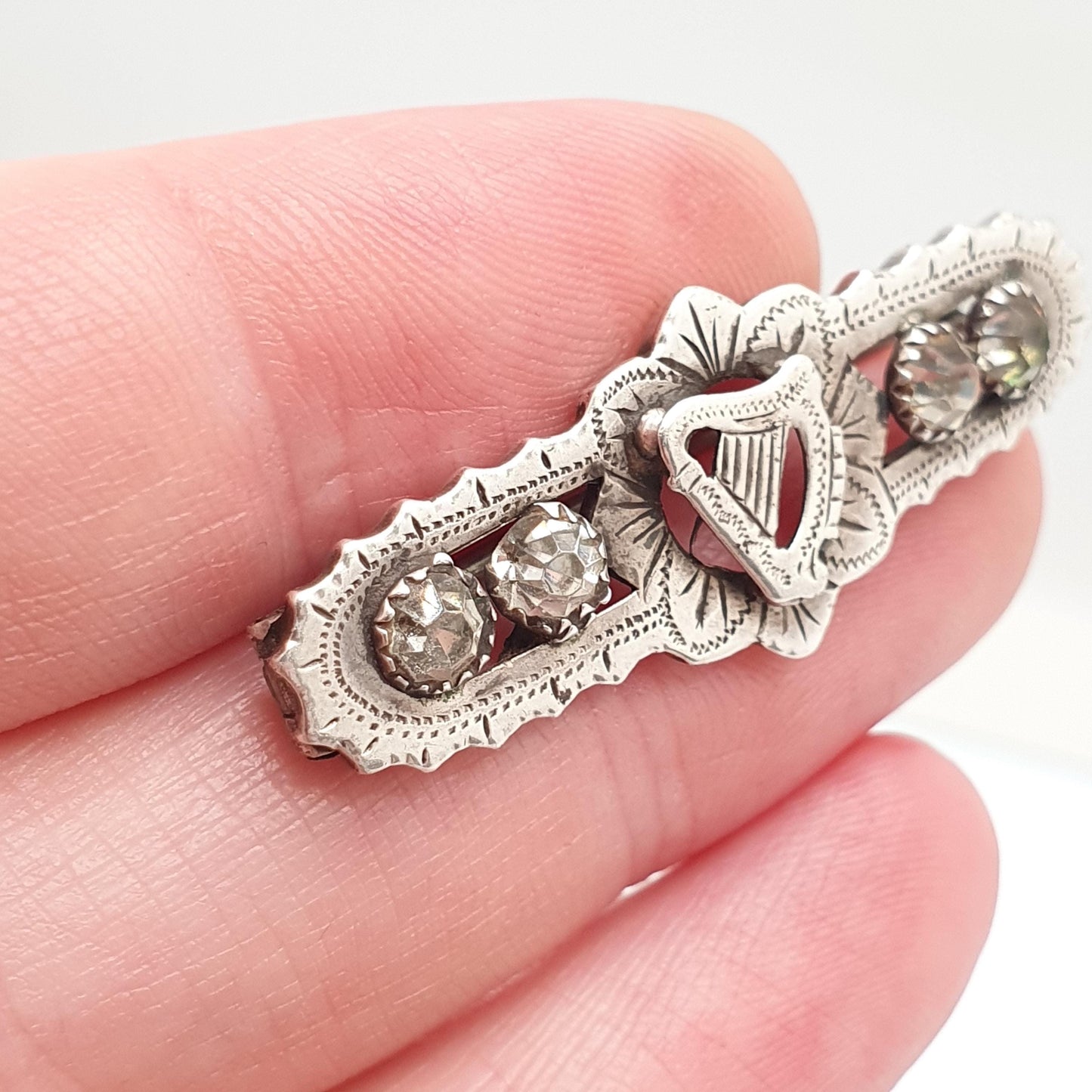 Antique Sterling Silver Hard Brooch Diamond Paste 1876 Hallmark Victorian Sweetheart 925 Musical Music Vintage Womens Jewelry Jewellery